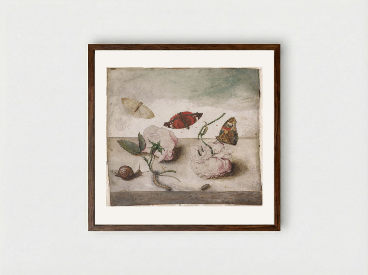 Still Life of Flowers and Small Animals on a Ledge - Margareta de Heer - Framed Print Dark Wood