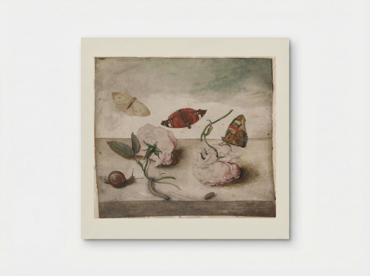 Still Life of Flowers and Small Animals on a Ledge - Margareta de Heer - Poster