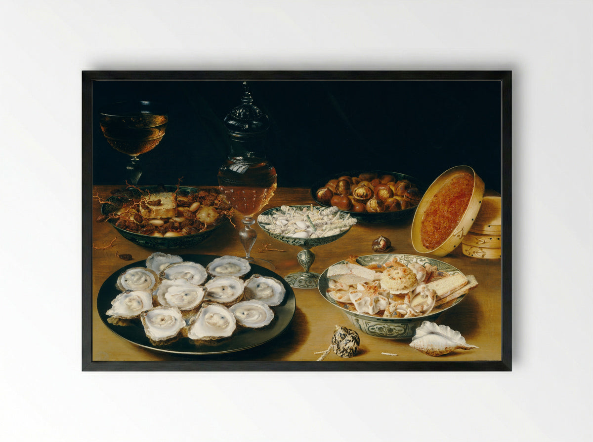 Still Life with Artichoke, Fruit on Porcelain Dishes, a Salt Cellar and a Pepper Pot - Osias Beert (I) - Framed Print Black