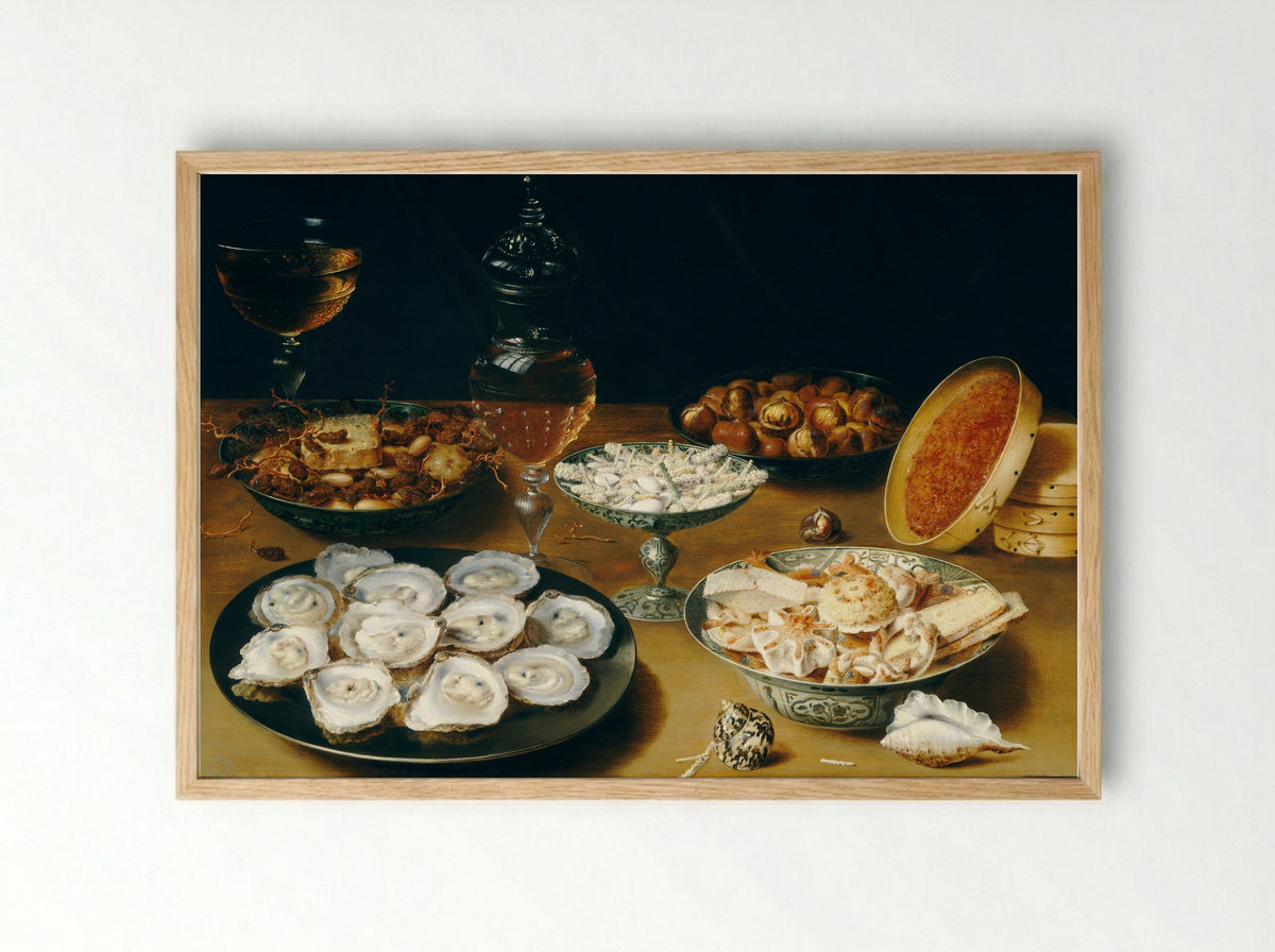 Still Life with Artichoke, Fruit on Porcelain Dishes, a Salt Cellar and a Pepper Pot - Osias Beert (I) - Framed Print Wood