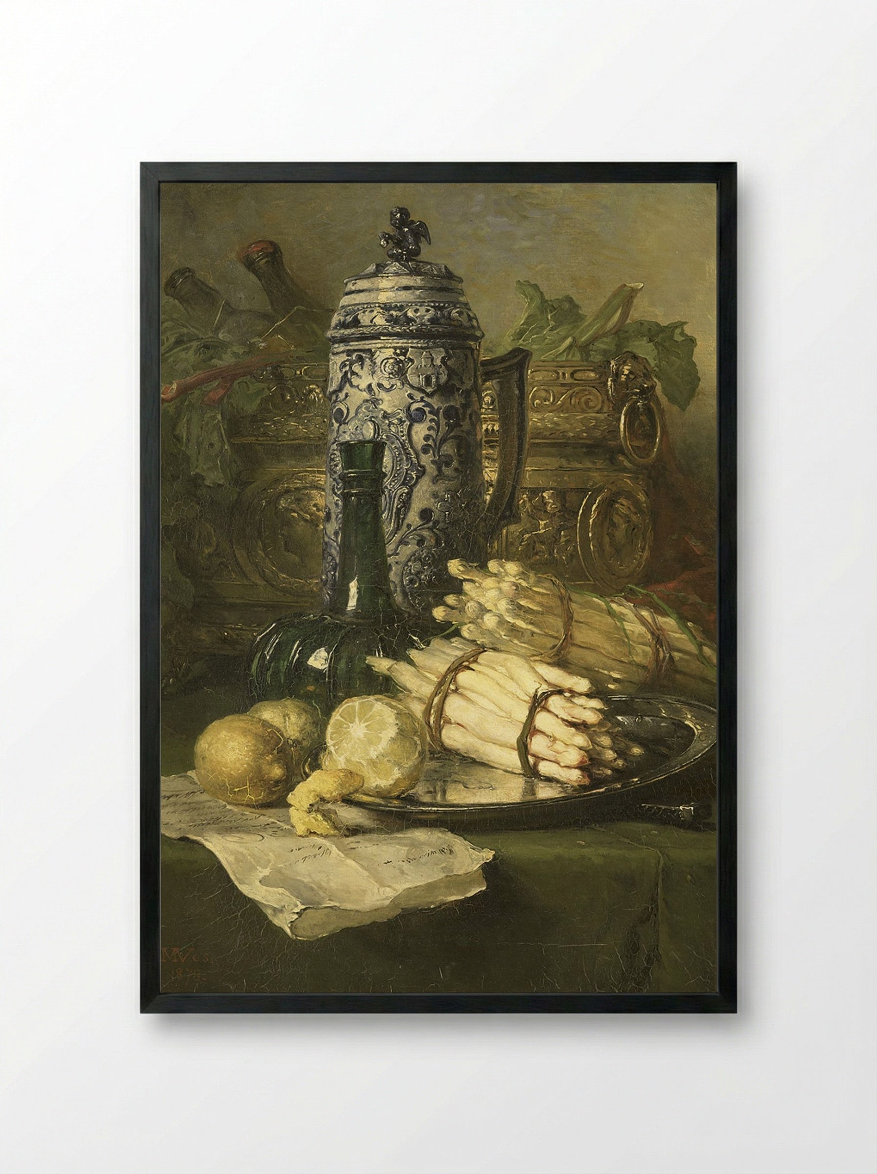 Still Life with Asparagus and Pewter Tankard - Maria Vos - Framed Print Black