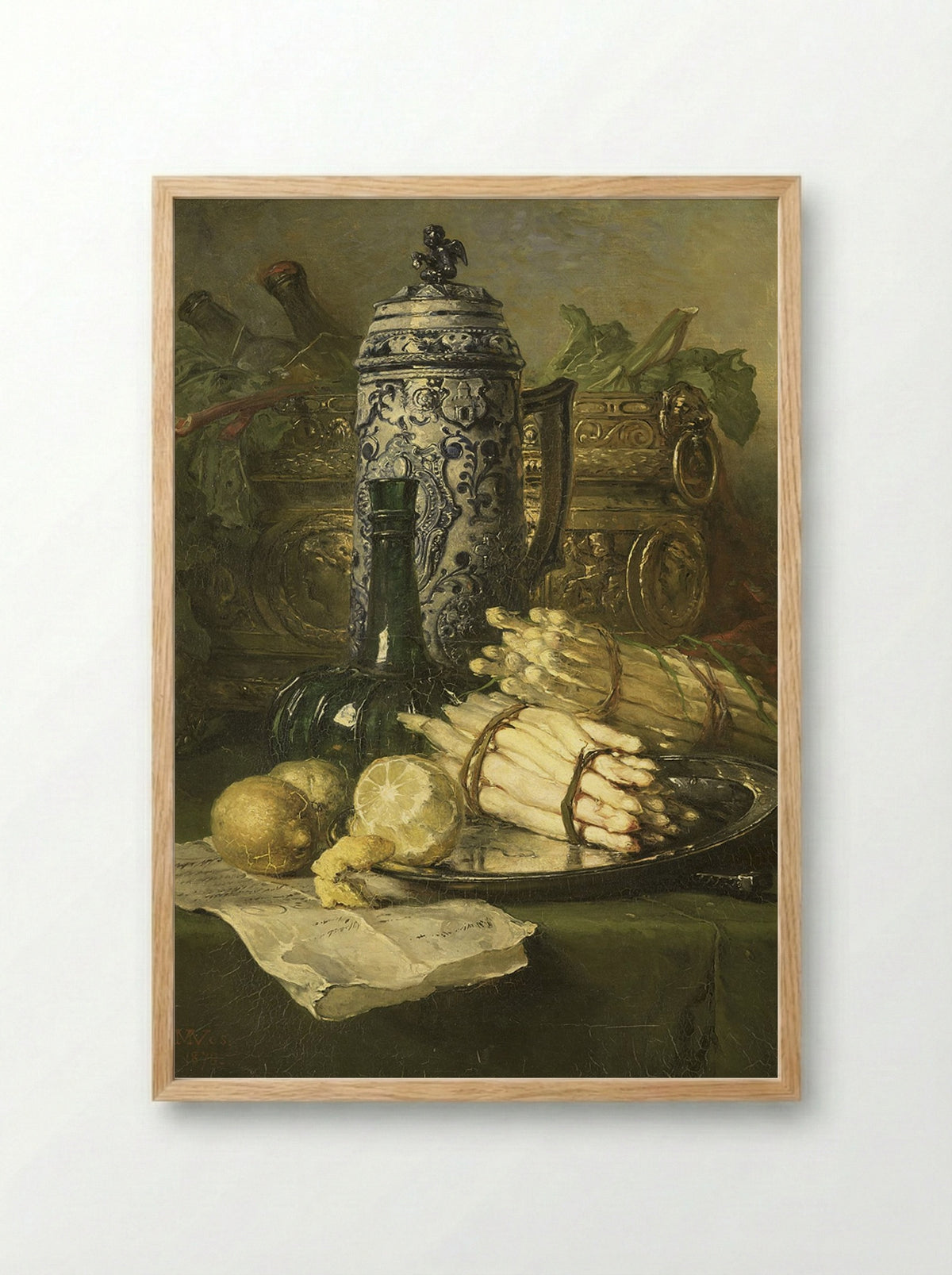 Still Life with Asparagus and Pewter Tankard - Maria Vos - Framed Print Wood