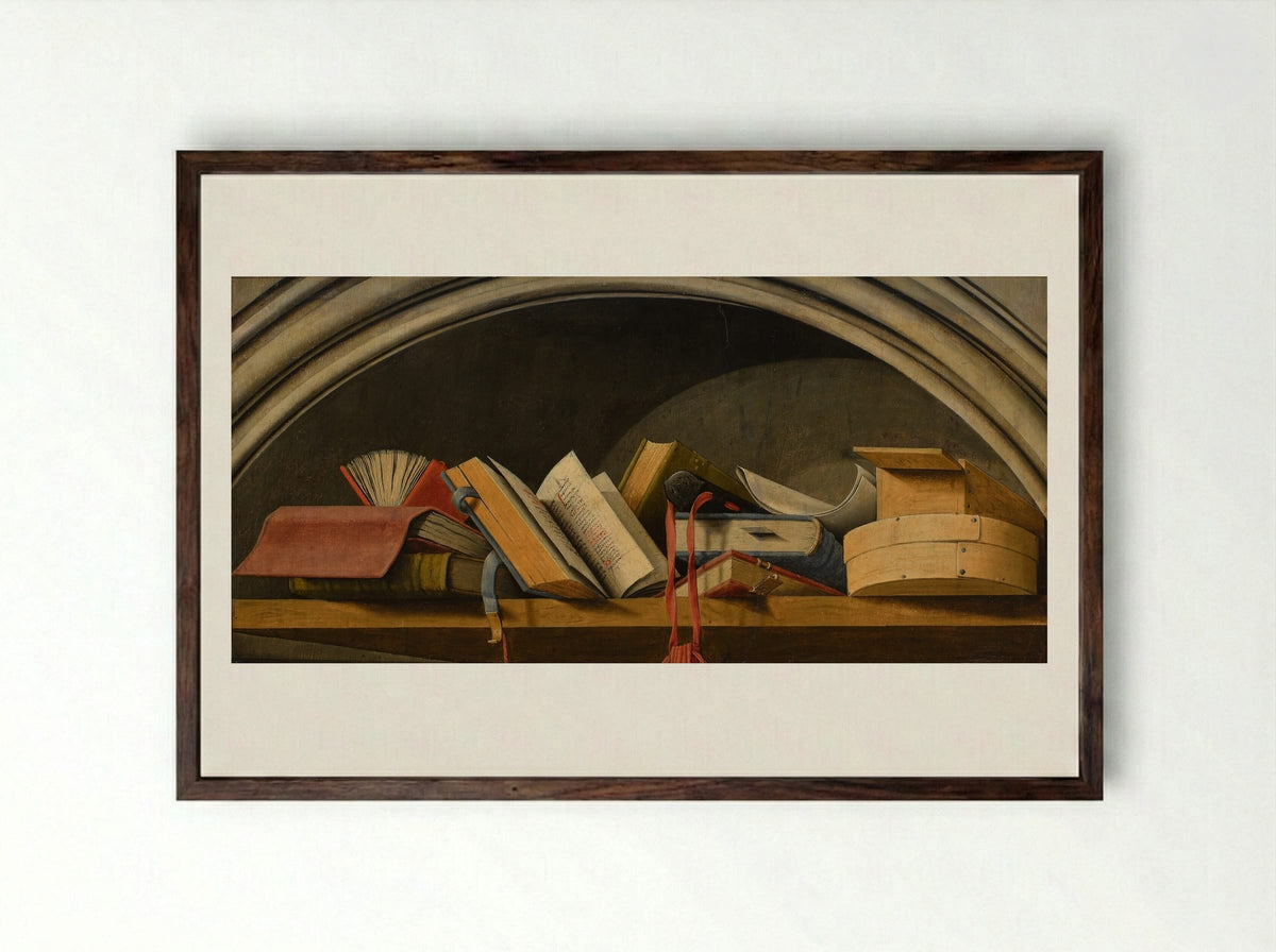 Still Life with Books in a Niche - Barthélémy d'Eyck - Framed Print Dark Wood