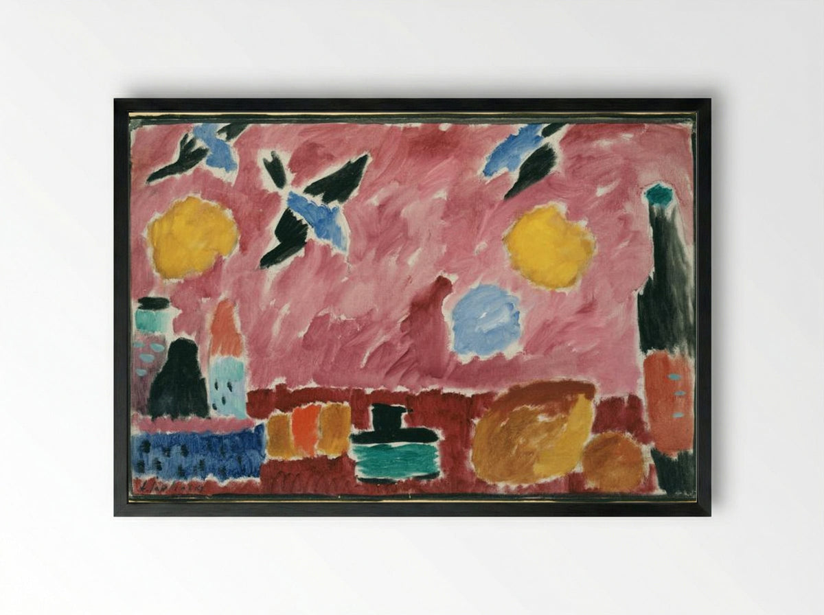 Still Life with Bottle, Bread and red Wallpaper with Swallows - Alexej von Jawlensky - Framed Print Black