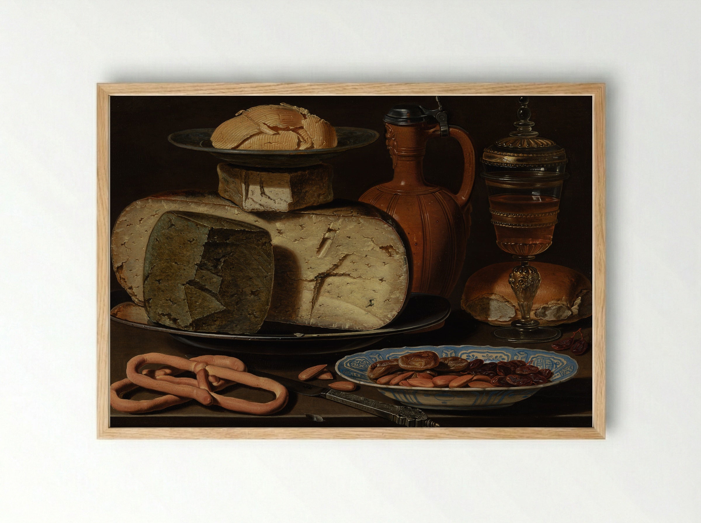 Still Life with Cheeses, Almonds and Pretzels - Clara Peeters - Framed Print Wood