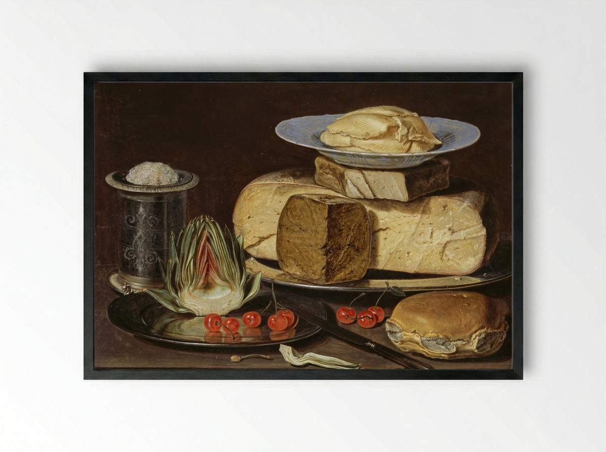 Still Life with Cheeses, Artichoke, and Cherries - Clara Peeters - Framed Print Black