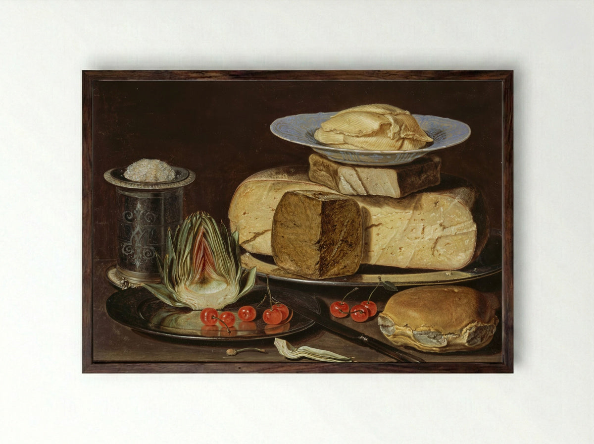 Still Life with Cheeses, Artichoke, and Cherries - Clara Peeters - Framed Print Dark Wood