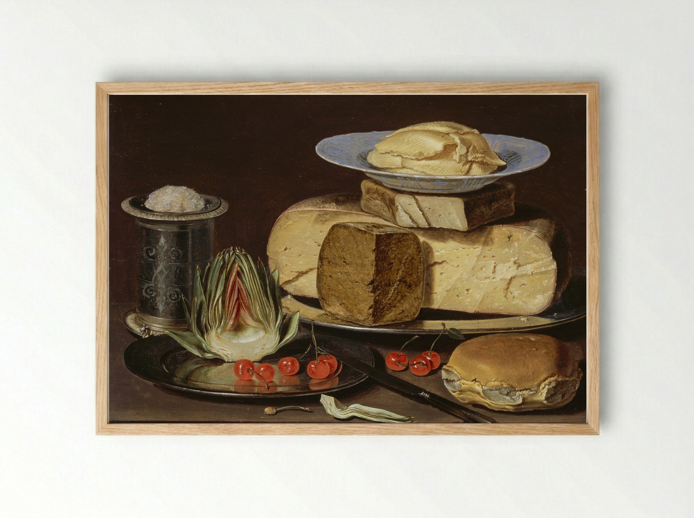 Still Life with Cheeses, Artichoke, and Cherries - Clara Peeters - Framed Print Wood