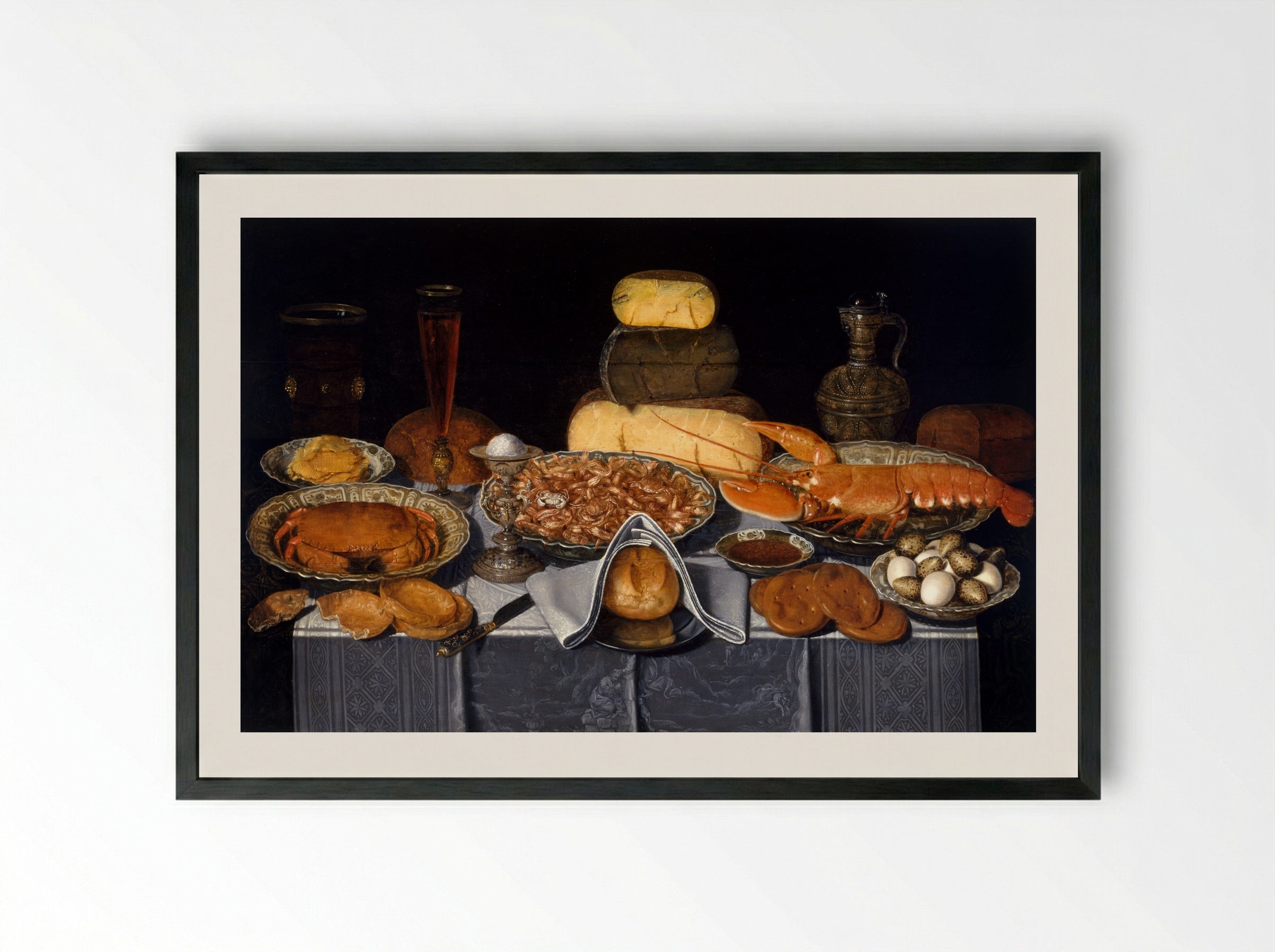 Still Life with Crab, Shrimps and Lobster - Clara Peeters - Framed Print Black