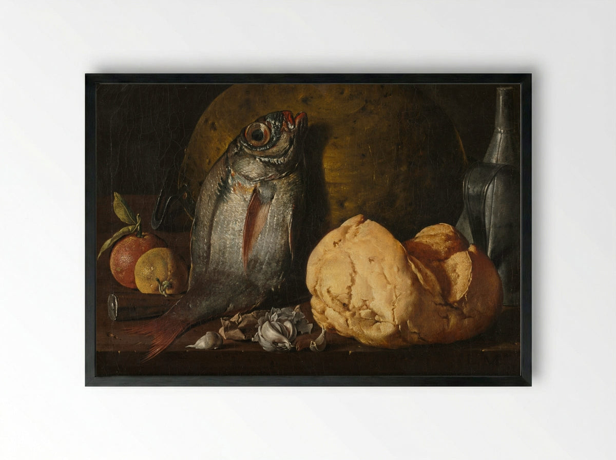 Still Life with Fish, Bread, and Kettle - Luis Meléndez - Framed Print Black