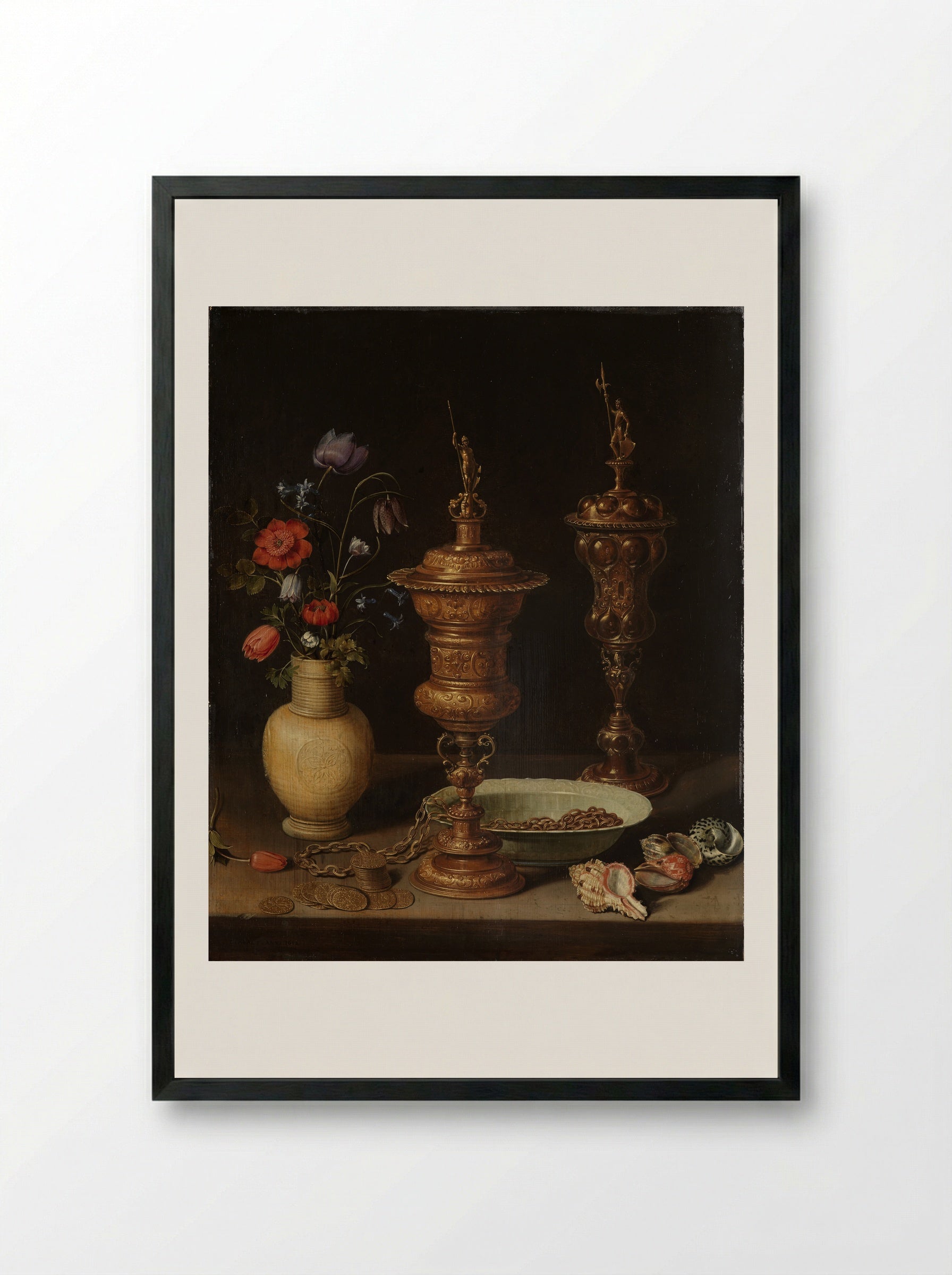 Still Life with Flowers and Gold Cups of Honor - Clara Peeters - Framed Print Black