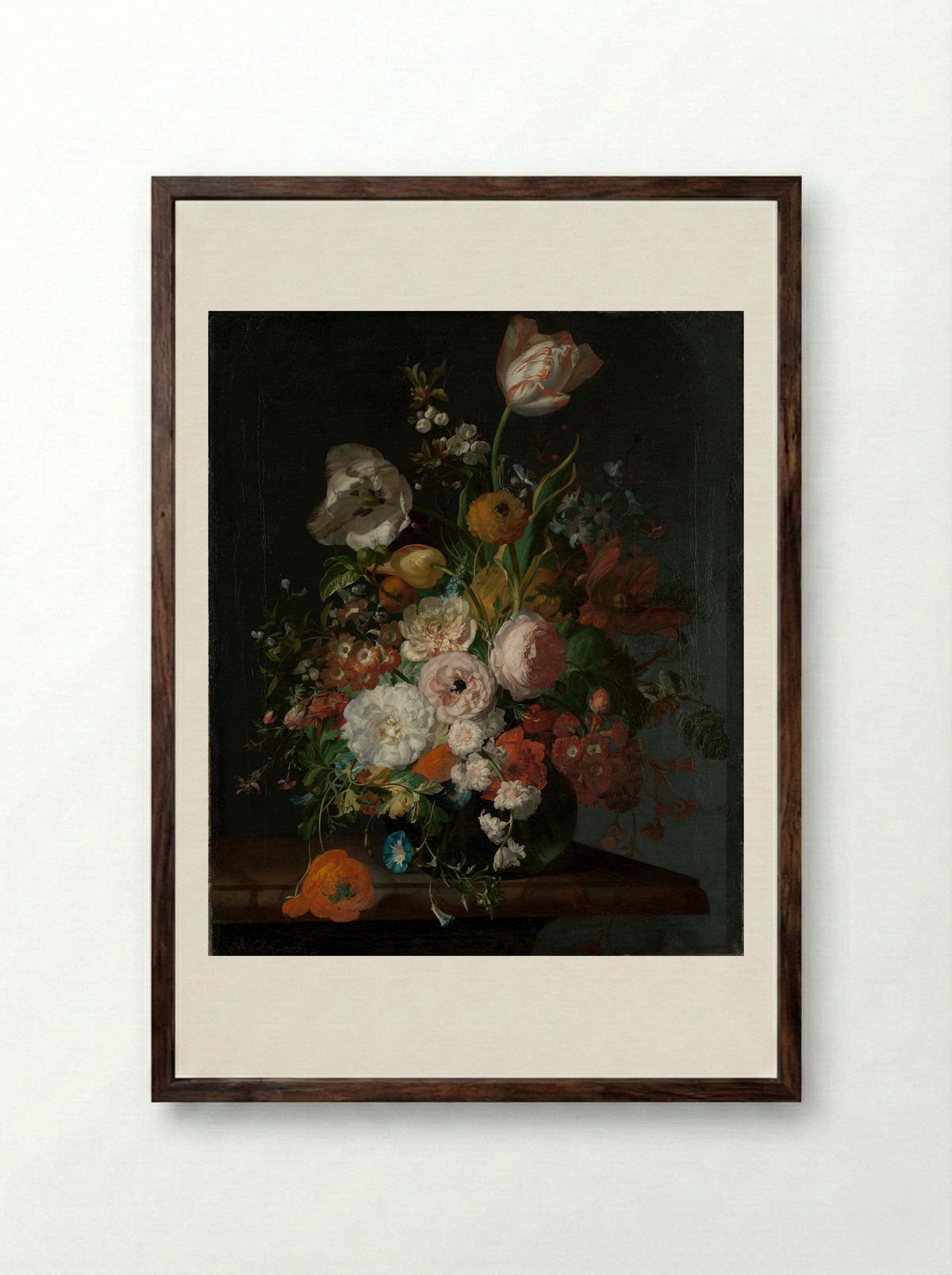 Still Life with Flowers in a Glass Vase - Rachel Ruysch - Framed Print Dark Wood