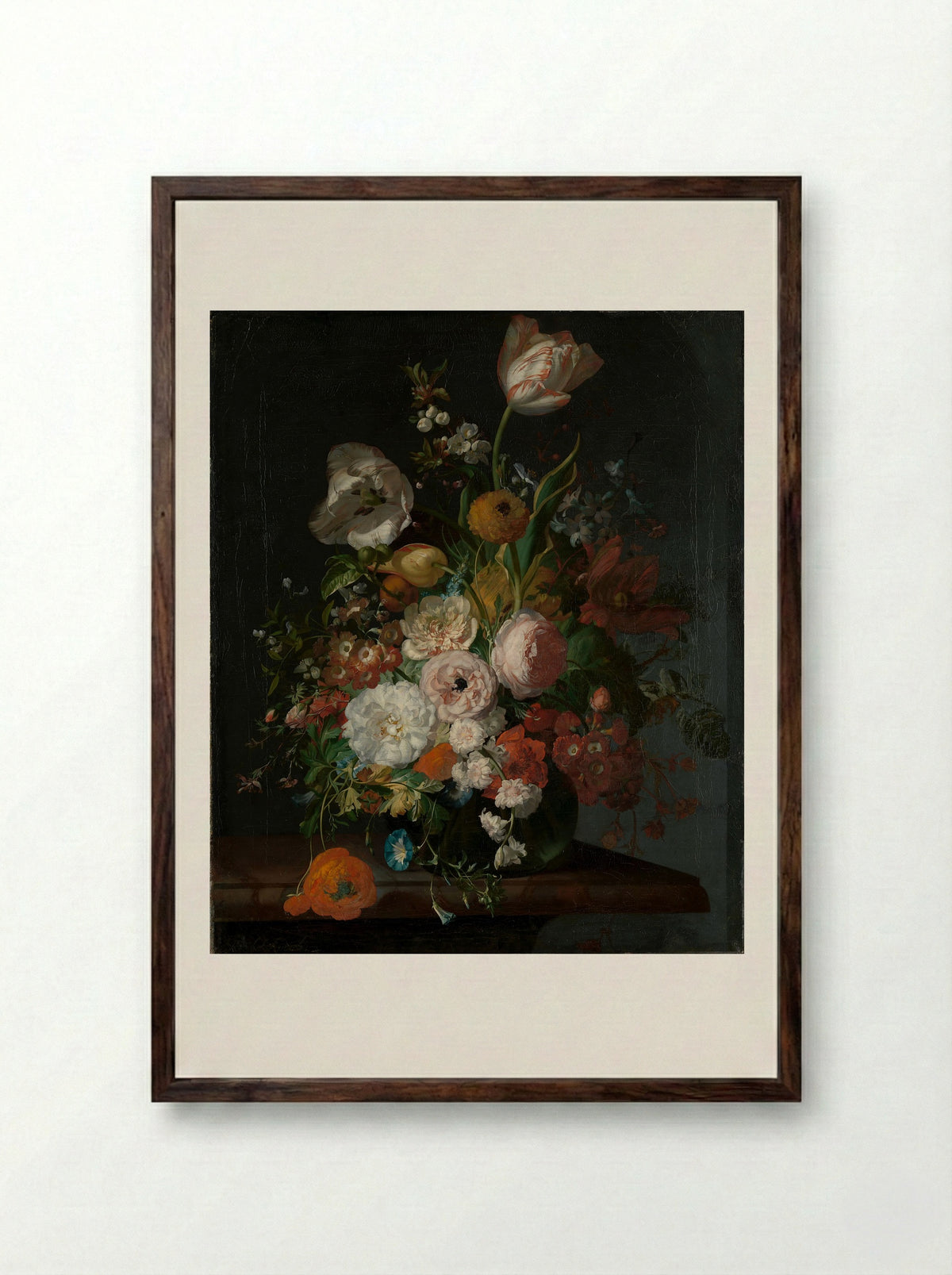 Still Life with Flowers in a Glass Vase - Rachel Ruysch - Framed Print Dark Wood