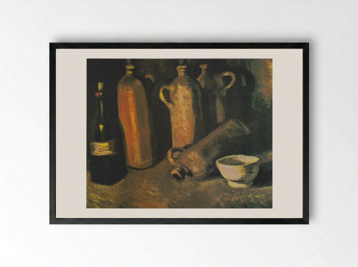 Still Life with Four Stone Bottles, Flask and White Cup - Vincent van Gogh - Framed Print Black