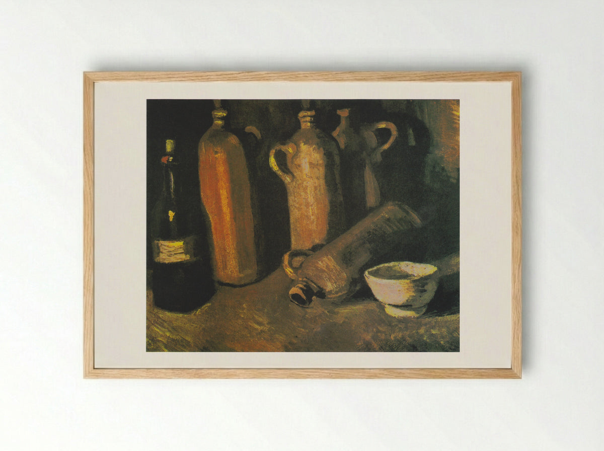 Still Life with Four Stone Bottles, Flask and White Cup - Vincent van Gogh - Framed Print Wood