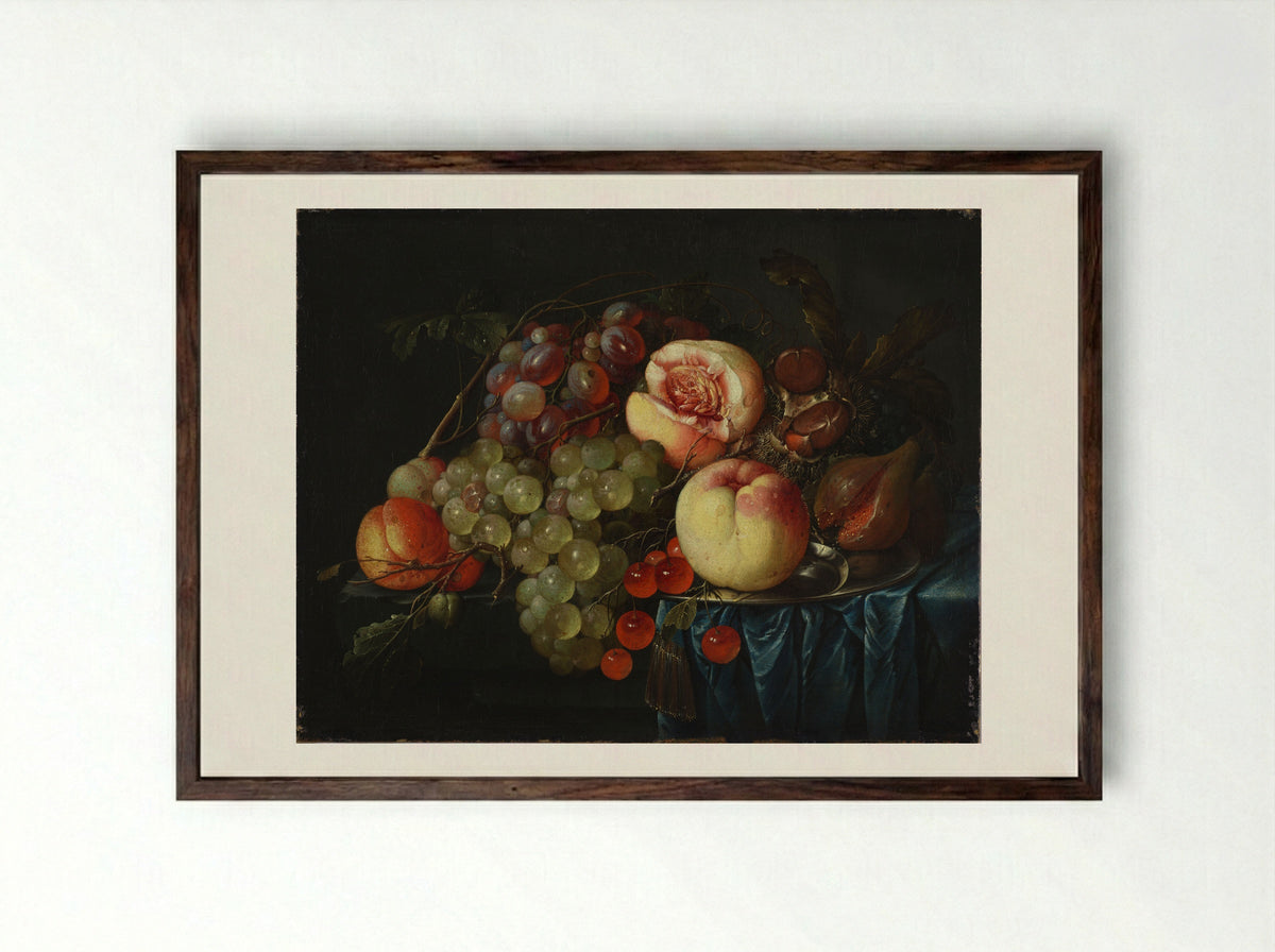 Still Life with Fruit and Chestnuts - Cornelis de Heem - Framed Print Dark Wood