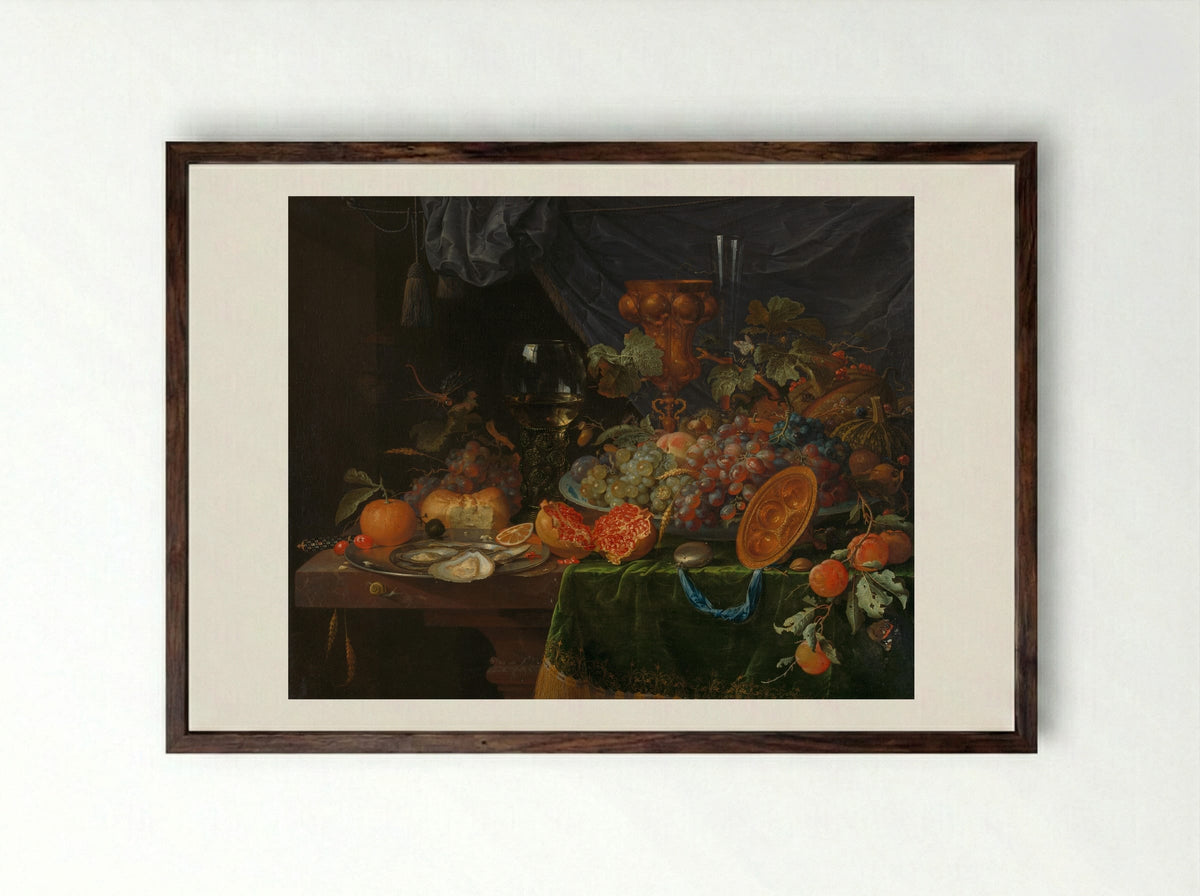 Still Life with Fruit and Oysters - Abraham Mignon - Framed Print Dark Wood
