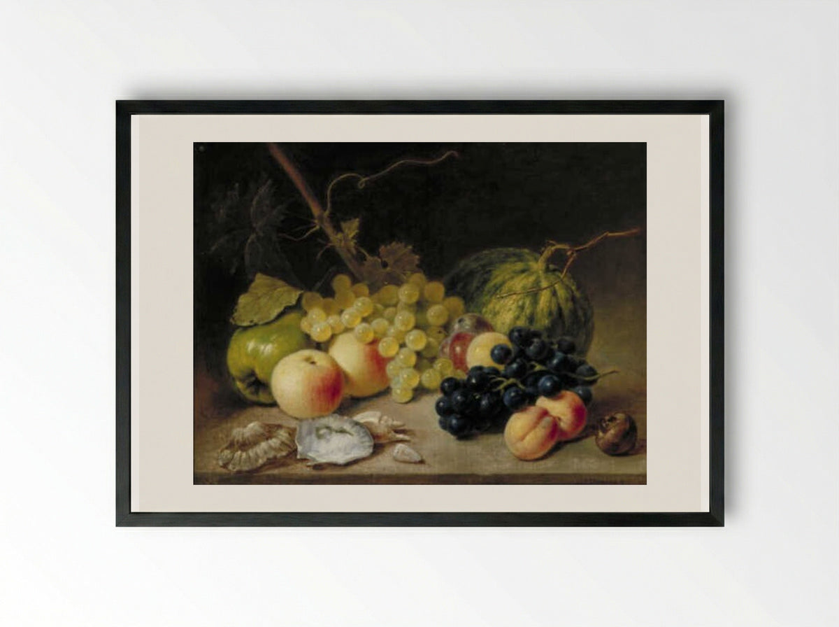 Still Life with Fruit and Shells - Jean Augustin Daiwaille - Framed Print Black