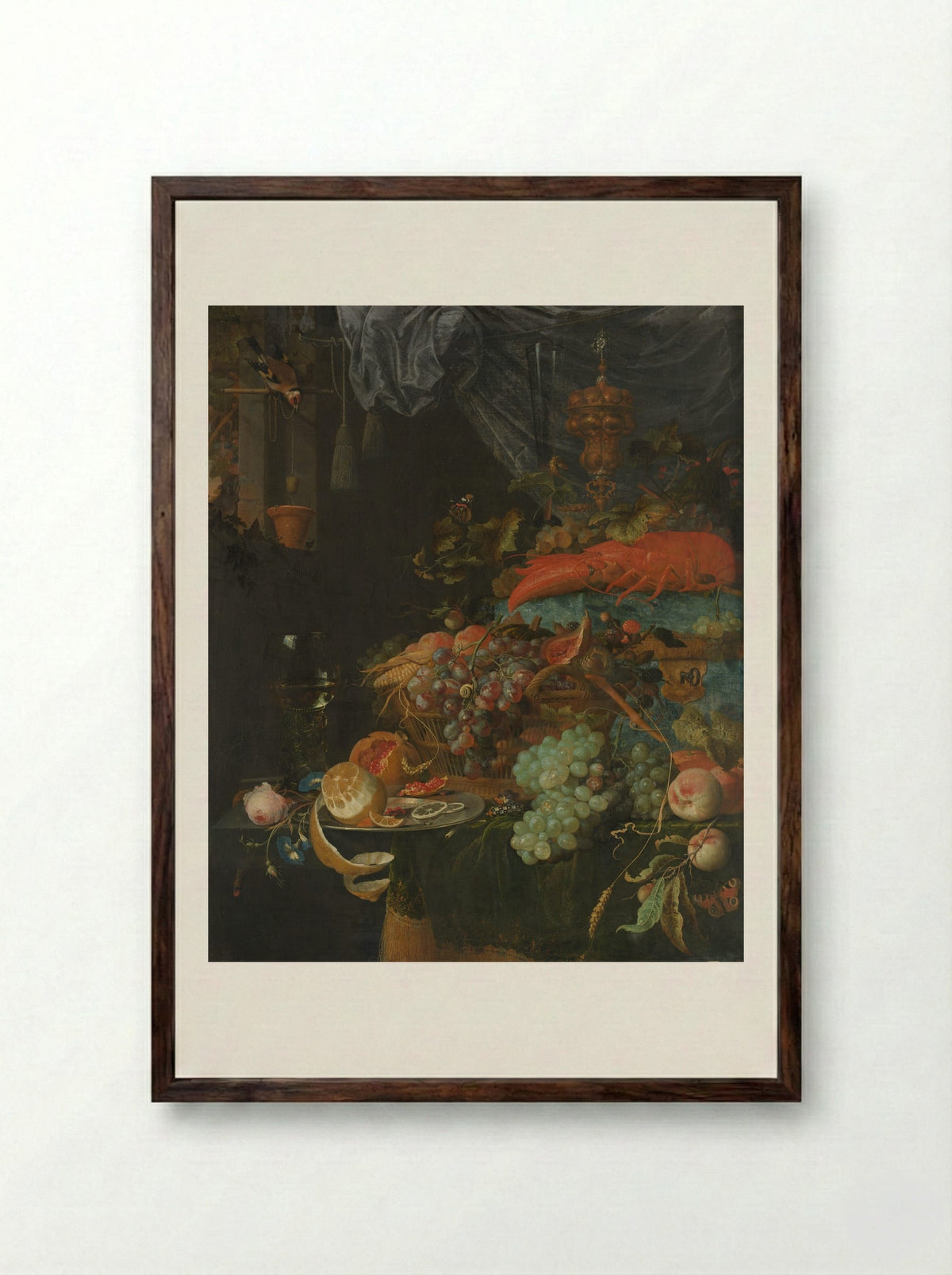 Still Life with Fruit and a Goldfinch - Abraham Mignon - Framed Print Dark Wood