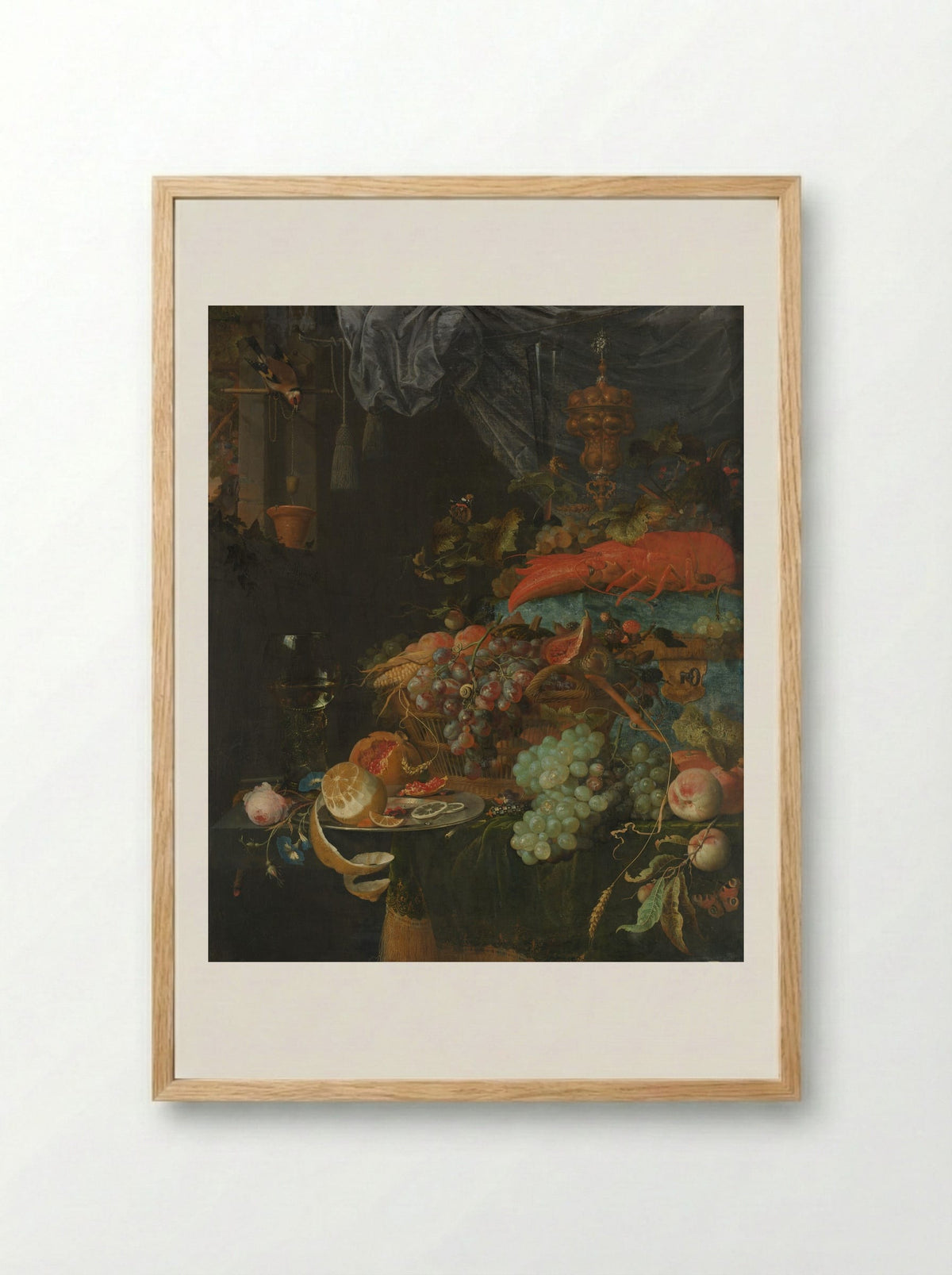 Still Life with Fruit and a Goldfinch - Abraham Mignon - Framed Print Wood