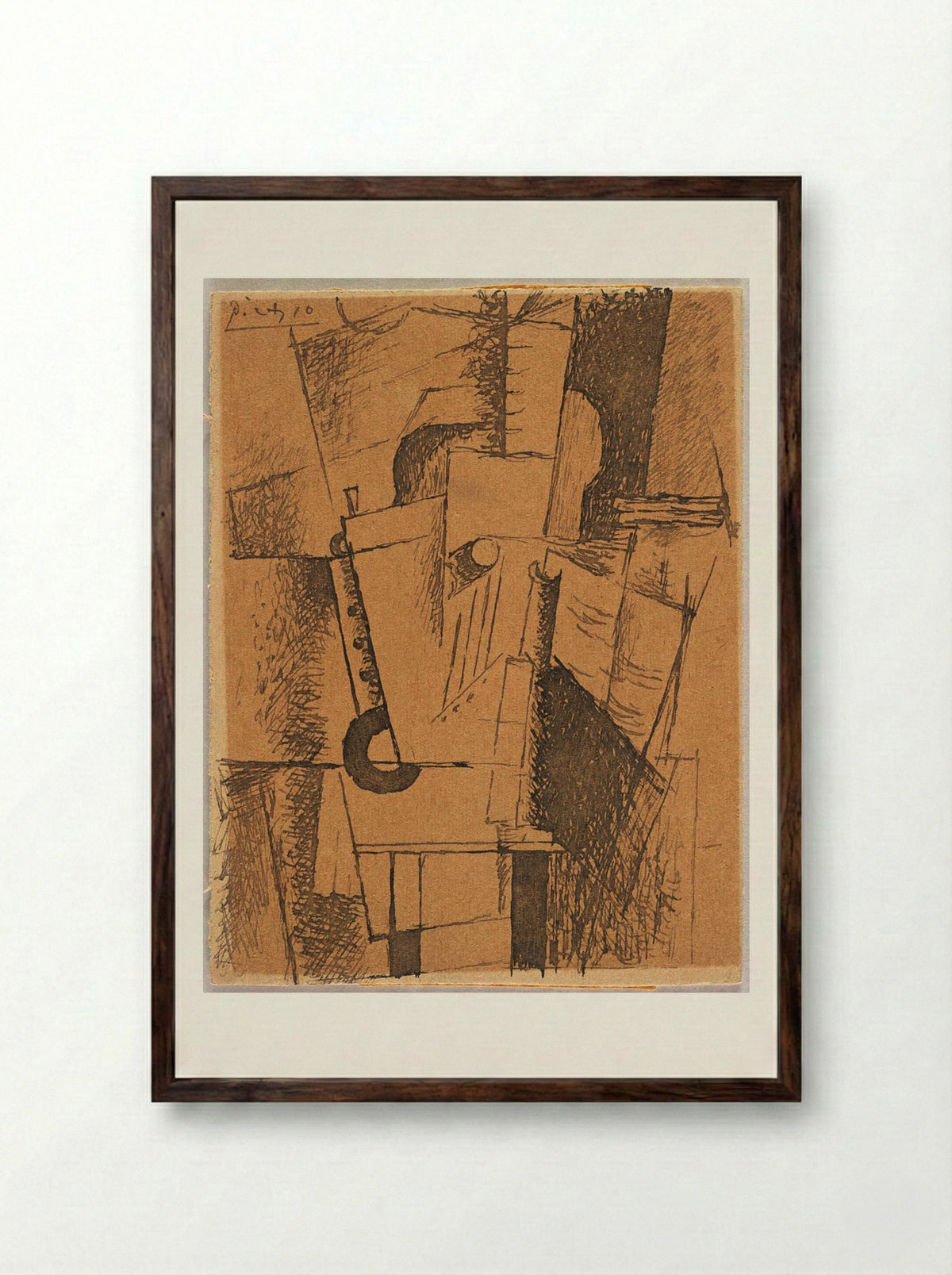 Still Life with Guitar, Clarinet, Bottle and Sheet Music - Pablo Picasso - Framed Print Dark Wood