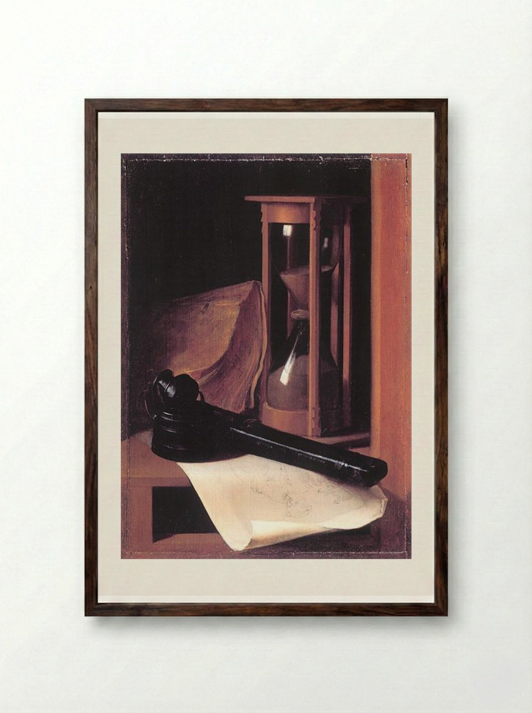 Still Life with Hourglass, Pencase and Print - Gerrit Dou - Framed Print Dark Wood