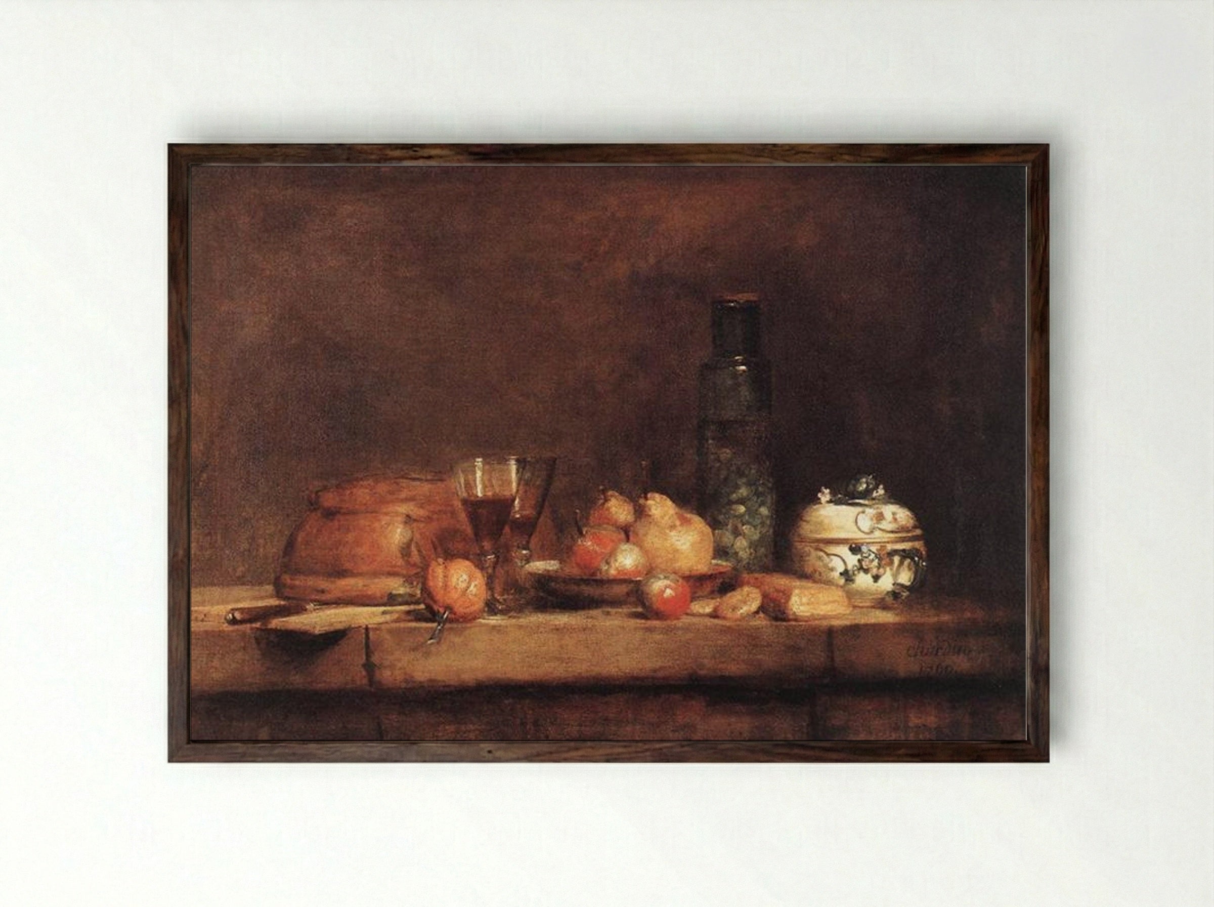 Still Life with Jar of Olives - Jean-Baptiste-Simeon Chardin - Framed Print Dark Wood