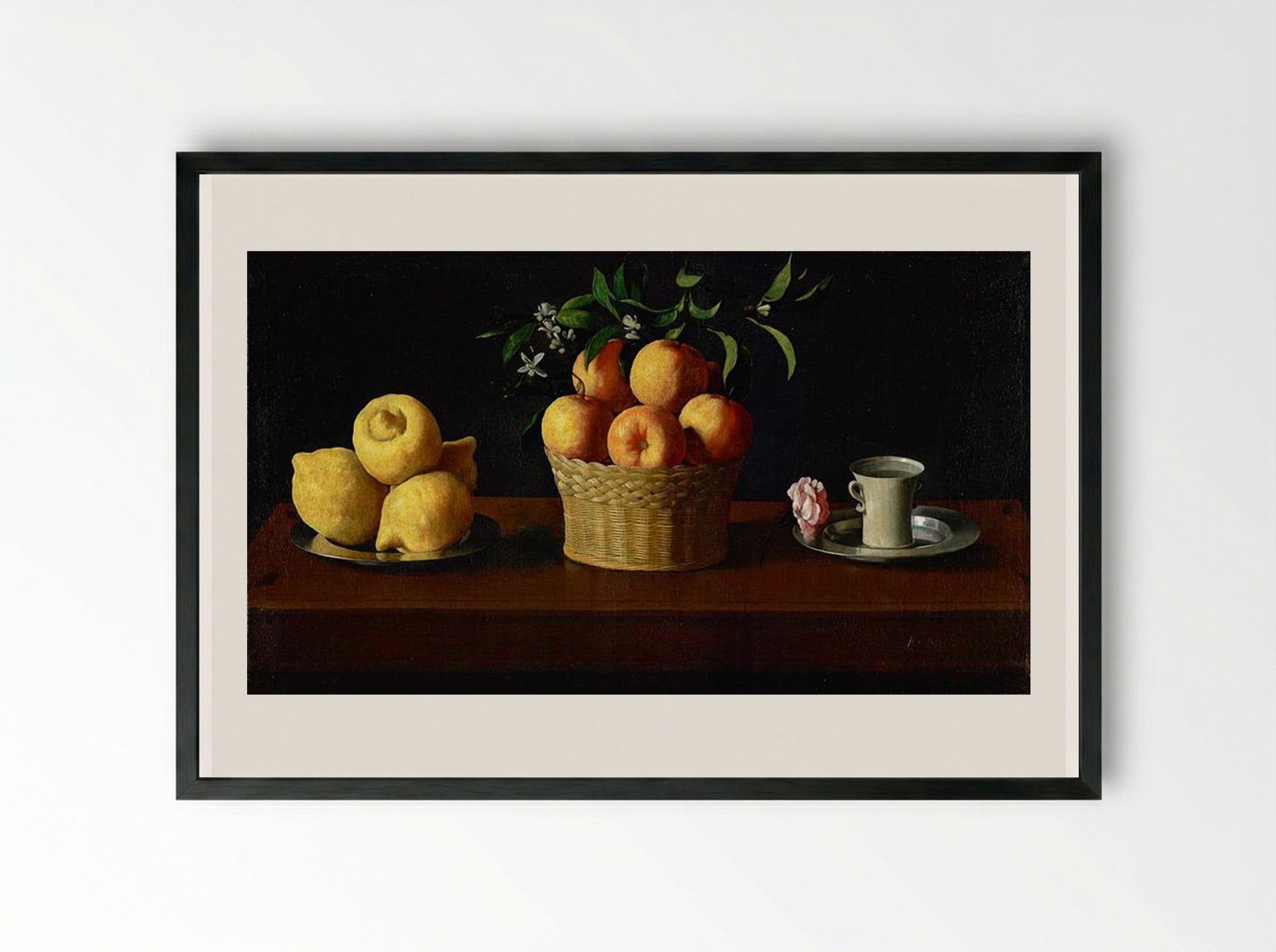 Still Life with Lemons, Oranges and a Rose - Francisco de Zurbarán - Framed Print Black