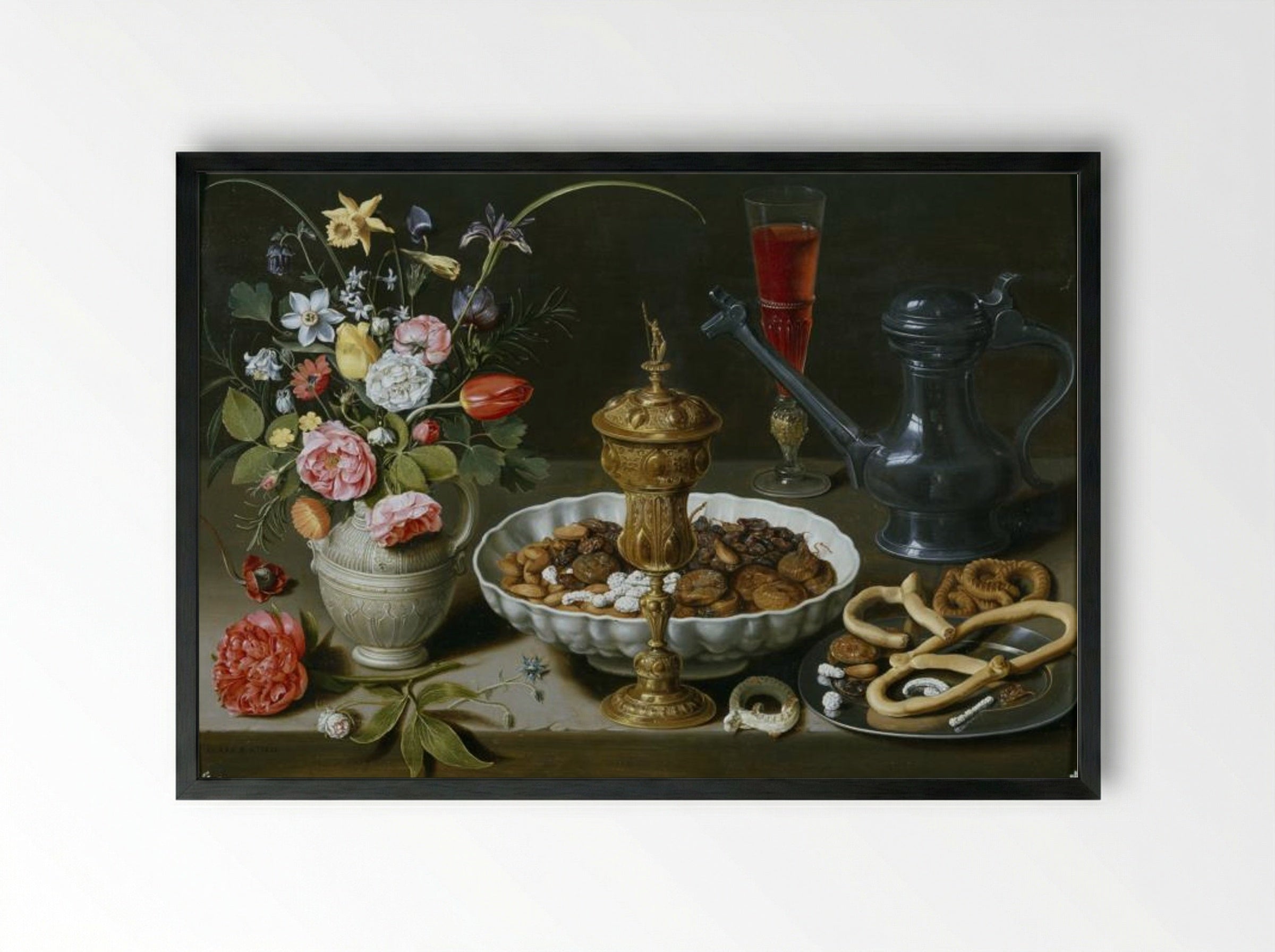 Still Life with Nuts, Candy and Flowers - Clara Peeters - Framed Print Black