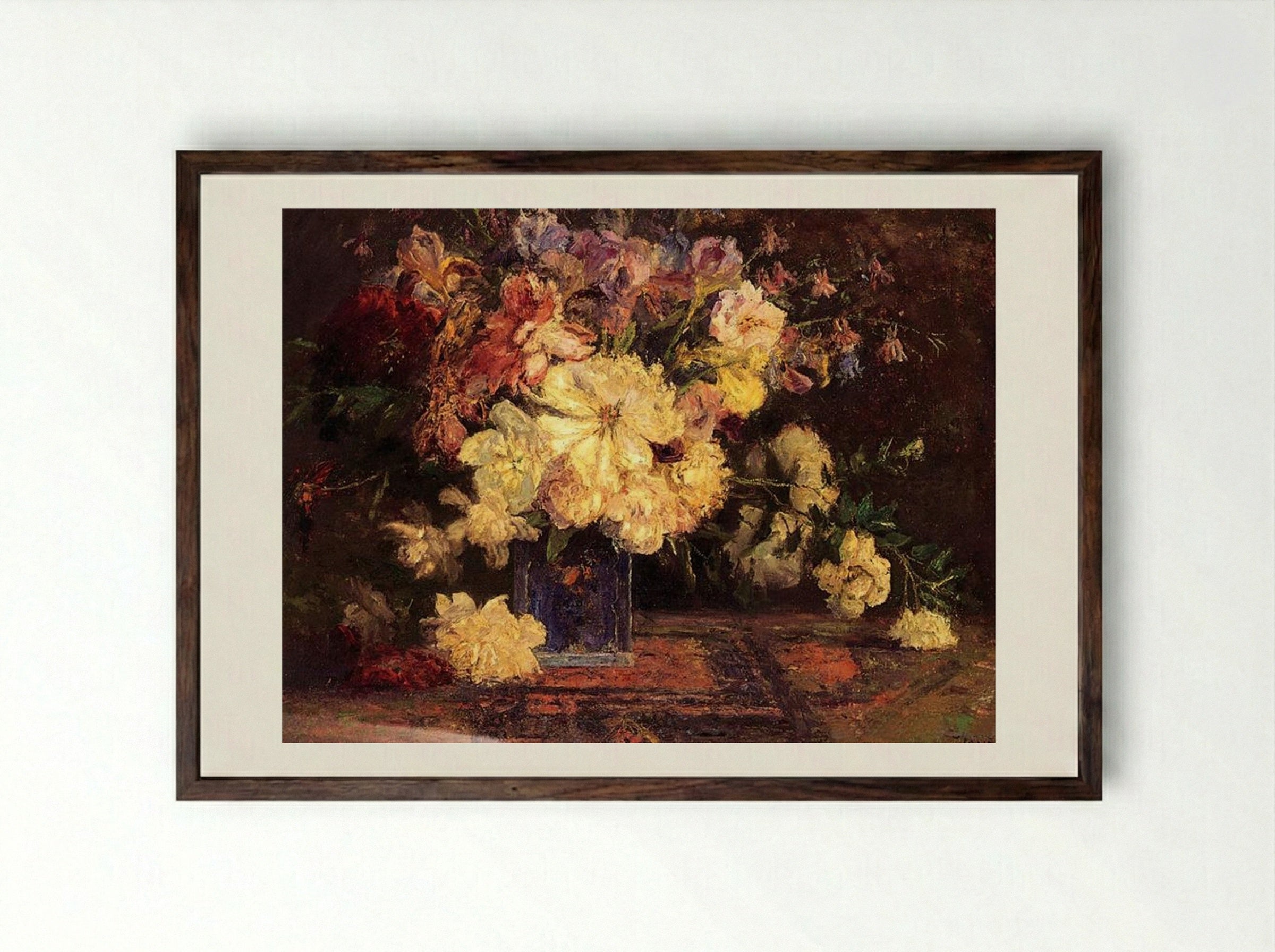 Still Life with Peonies - T. C. Steele - Framed Print Dark Wood