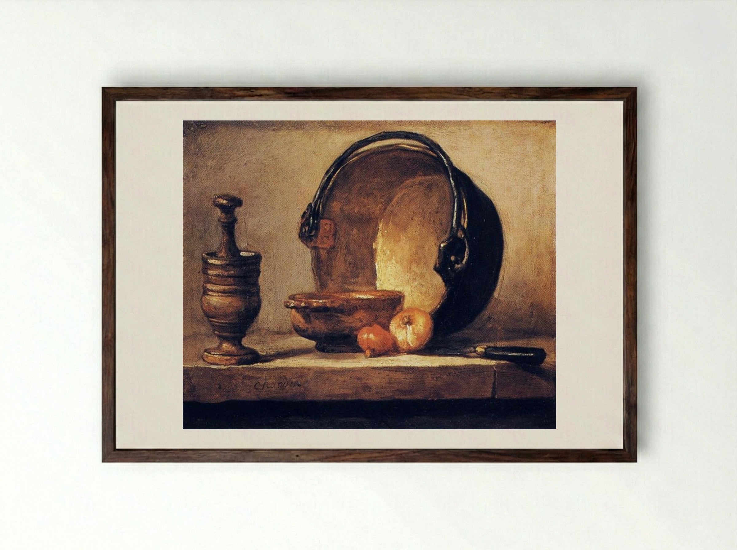 Still Life with Pestle, Bowl, Copper Cauldron, Onions and a Knife - Jean-Baptiste-Simeon Chardin - Framed Print Dark Wood