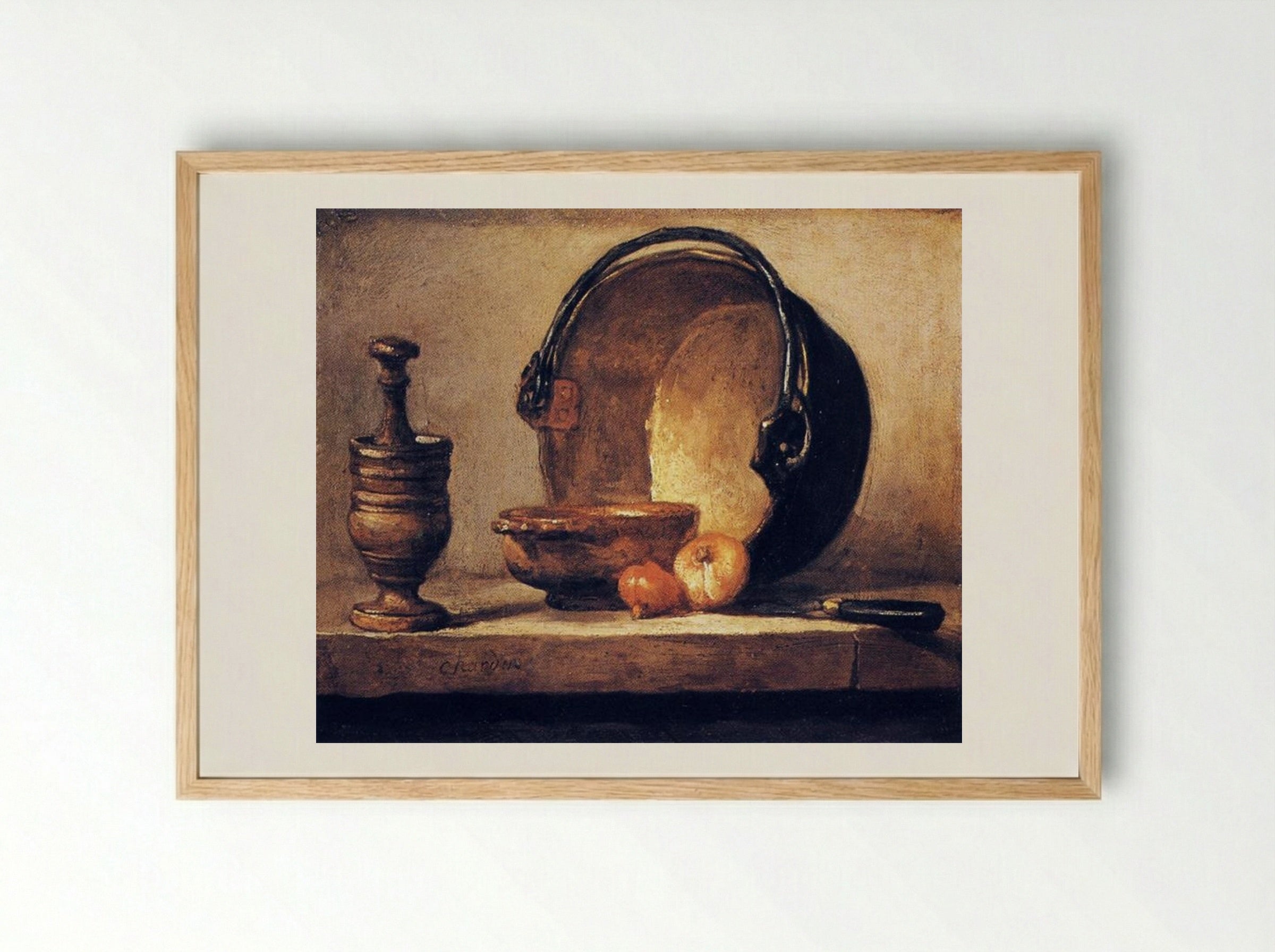 Still Life with Pestle, Bowl, Copper Cauldron, Onions and a Knife - Jean-Baptiste-Simeon Chardin - Framed Print Wood