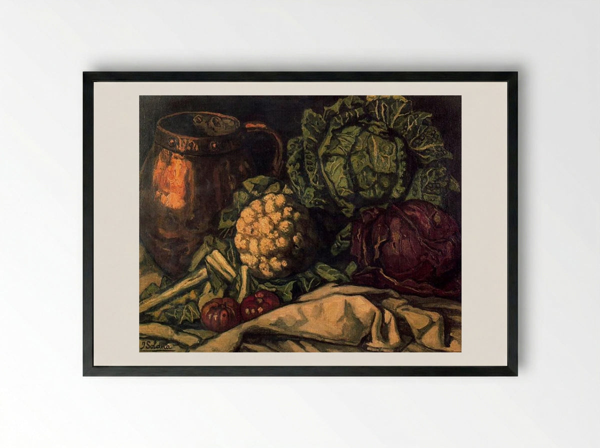 Still Life with Red Cabbage, Copper, Cauliflower and Cabbage - José Gutiérrez Solana - Framed Print Black