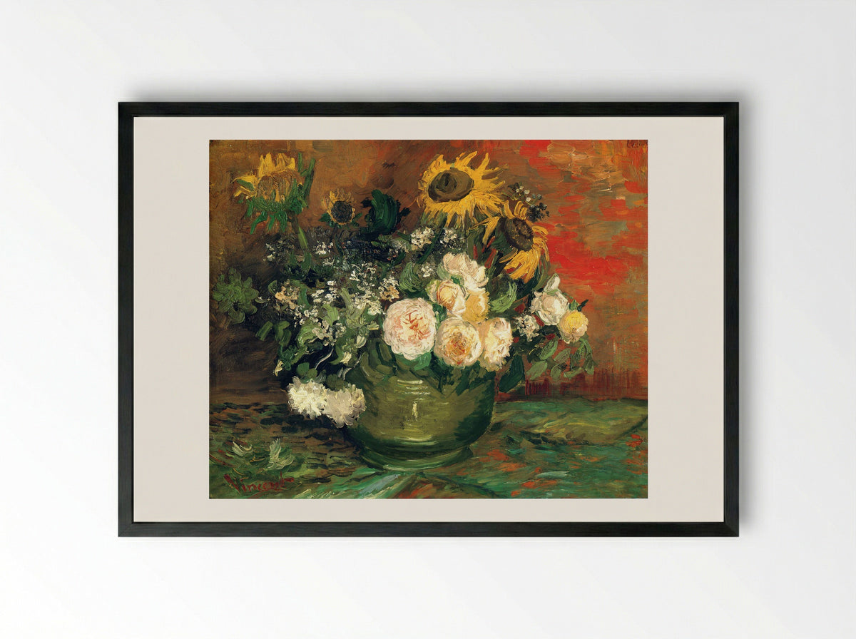 Still Life with Roses and Sunflowers - Vincent van Gogh - Framed Print Black