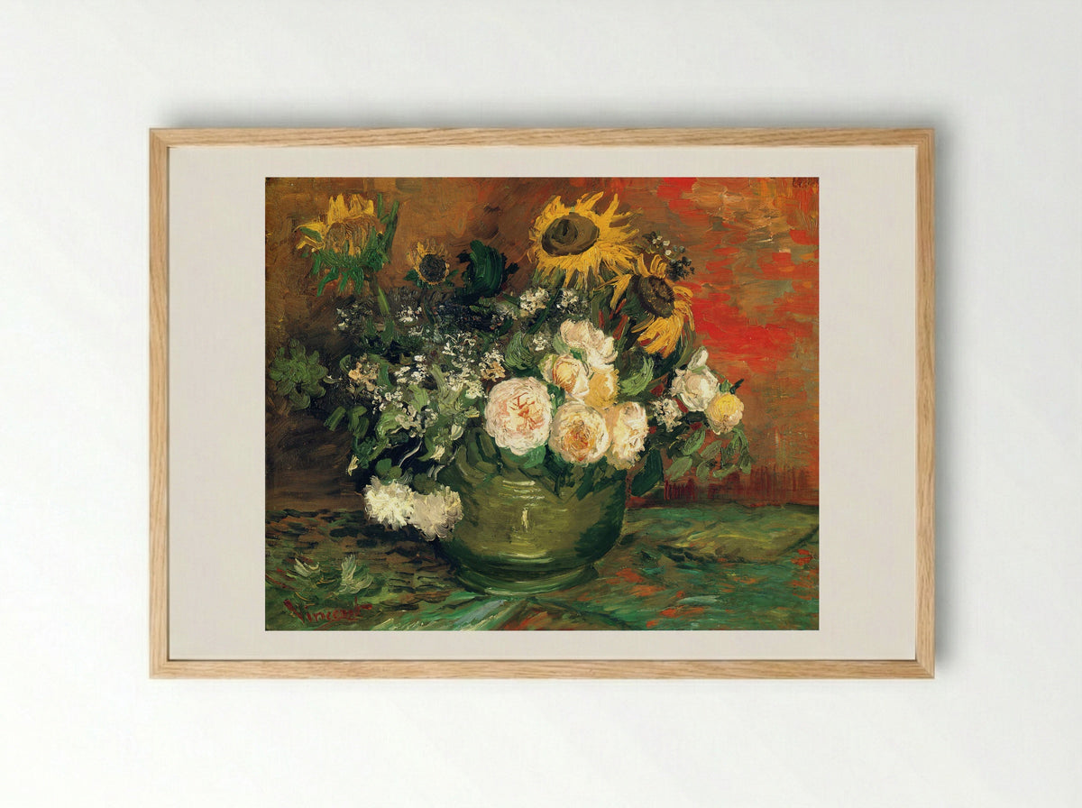 Still Life with Roses and Sunflowers - Vincent van Gogh - Framed Print Wood