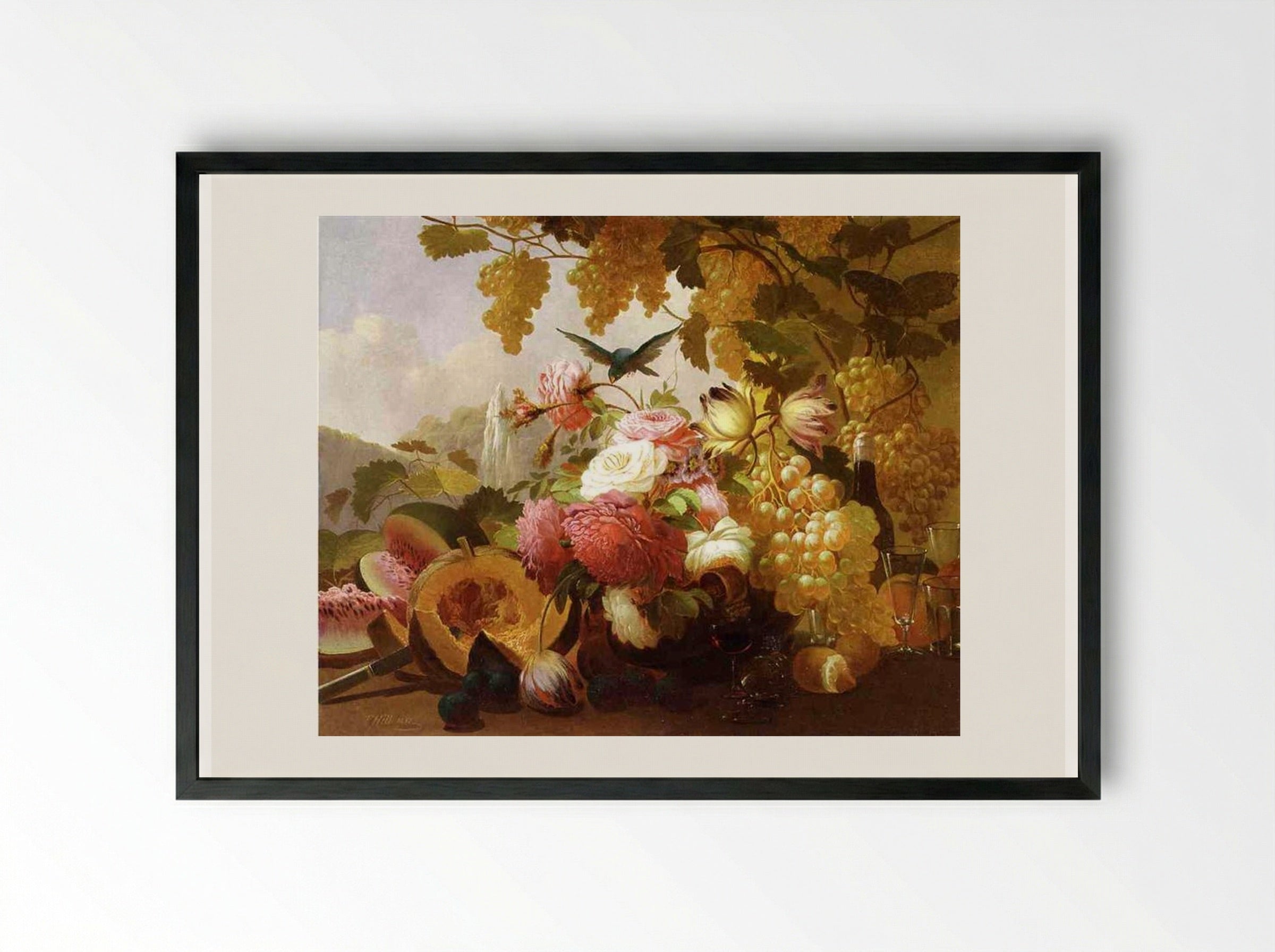 Still Life with Roses and Wine Glasses - Thomas Hill - Framed Print Black