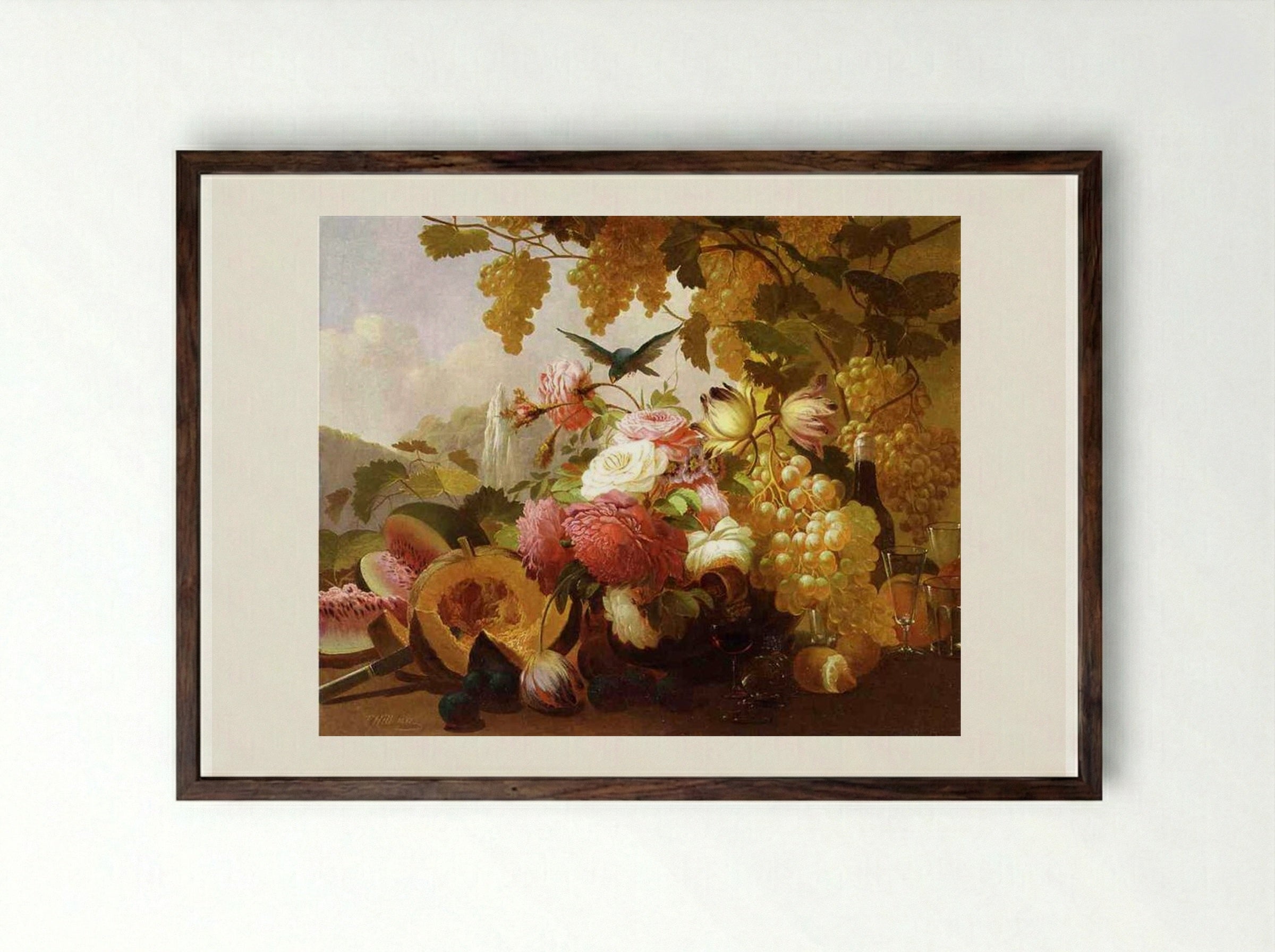 Still Life with Roses and Wine Glasses - Thomas Hill - Framed Print Dark Wood