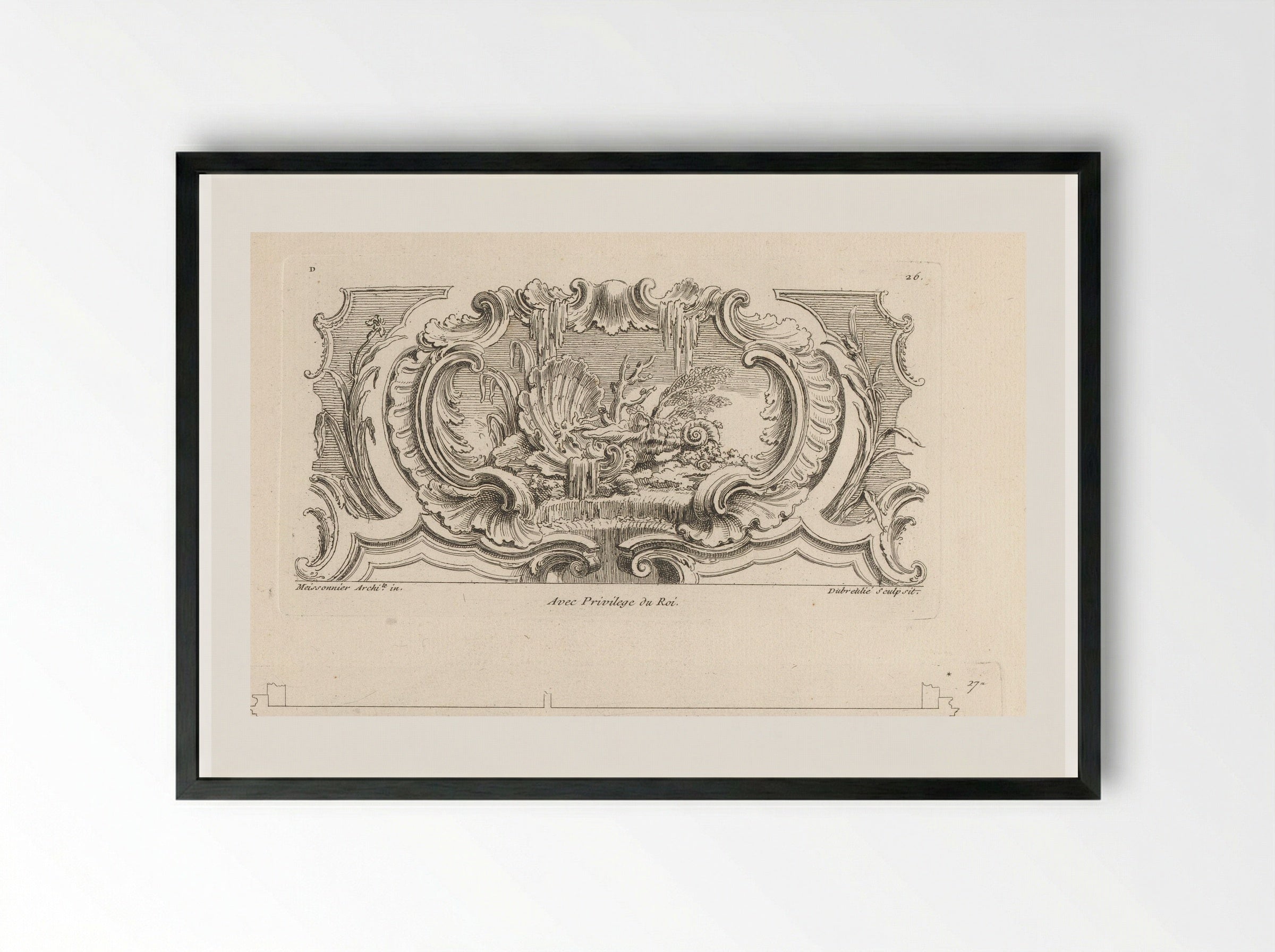 Still Life with Shells, Plants and Coral on a Waterfall - Gabriel Huquier - Framed Print Black