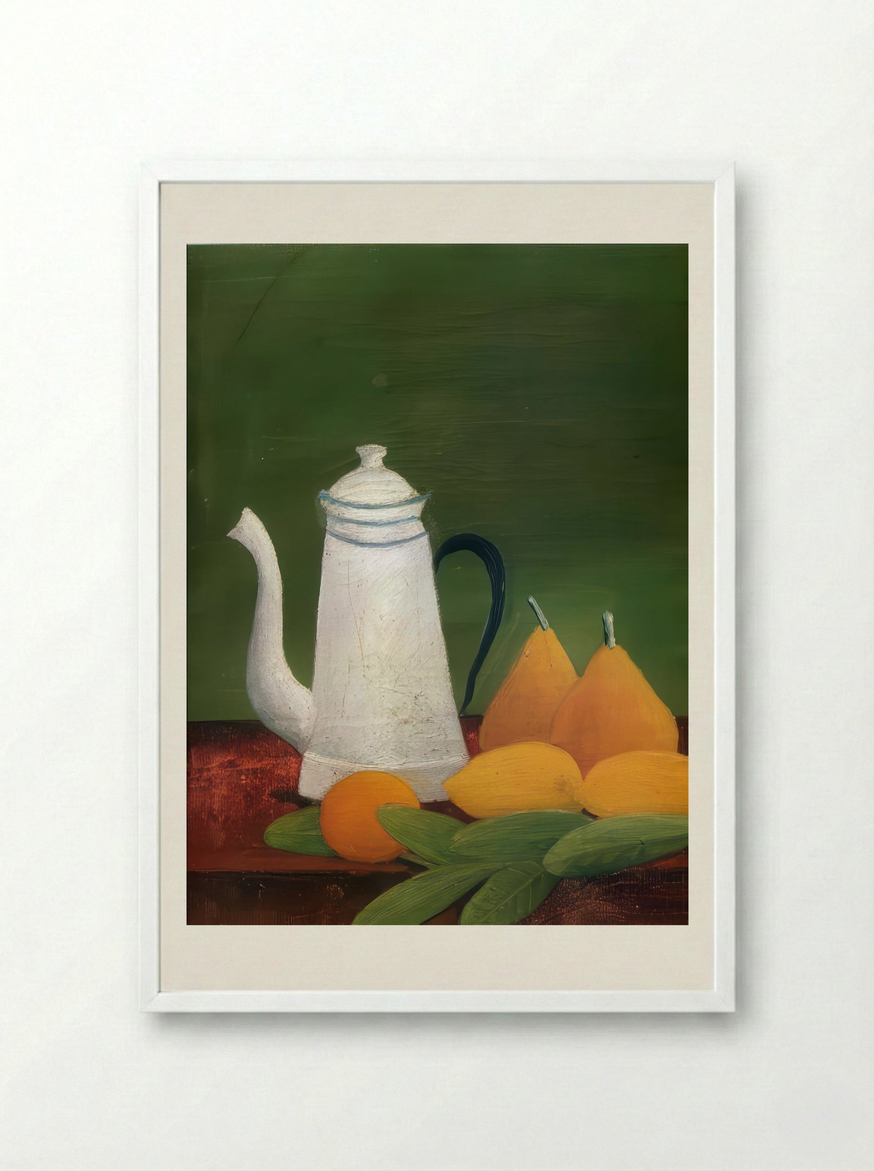 Still Life with Teapot and Fruit by Henri Rousseau – Naïve Art Kitchen Wall Print - Framed Print White