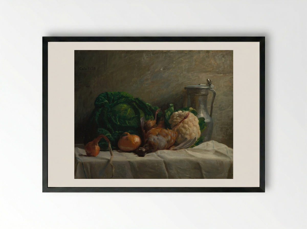Still Life with Vegetables, Partridge, and a Jug - Adolphe-Félix Cals - Framed Print Black
