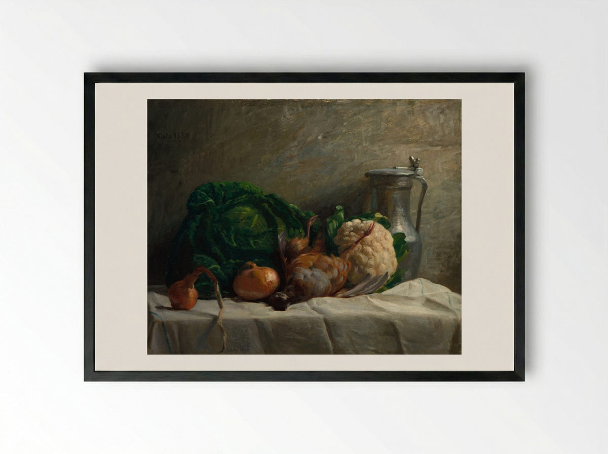 Still Life with Vegetables, Partridge, and a Jug - Adolphe-Félix Cals - Framed Print Black