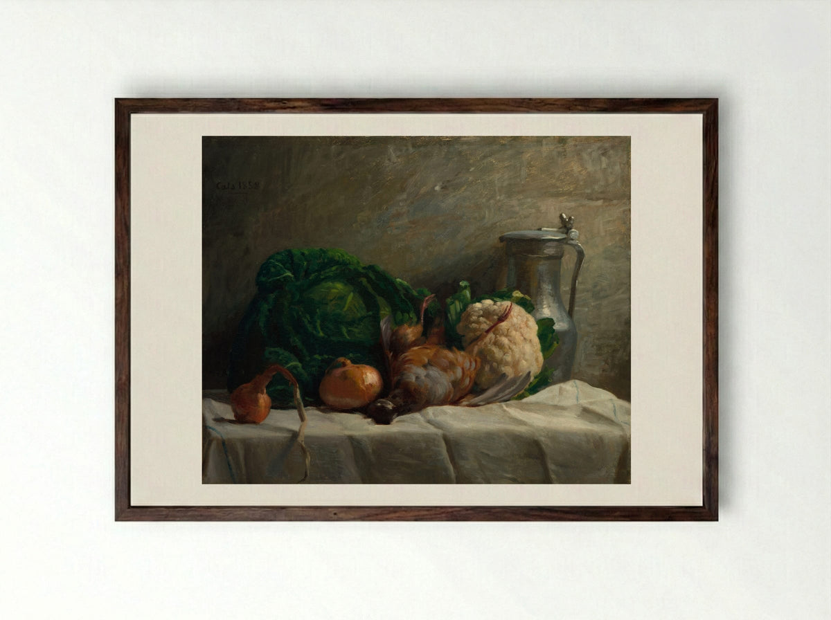 Still Life with Vegetables, Partridge, and a Jug - Adolphe-Félix Cals - Framed Print Dark Wood