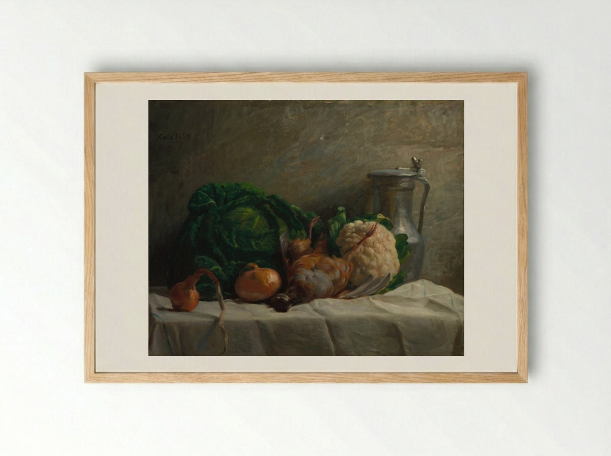 Still Life with Vegetables, Partridge, and a Jug - Adolphe-Félix Cals - Framed Print Wood