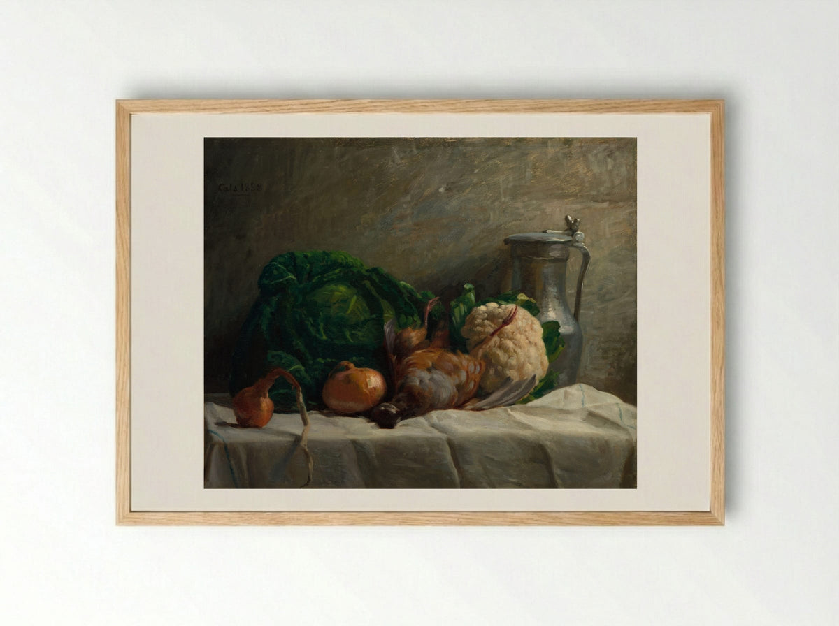 Still Life with Vegetables, Partridge, and a Jug - Adolphe-Félix Cals - Framed Print Wood