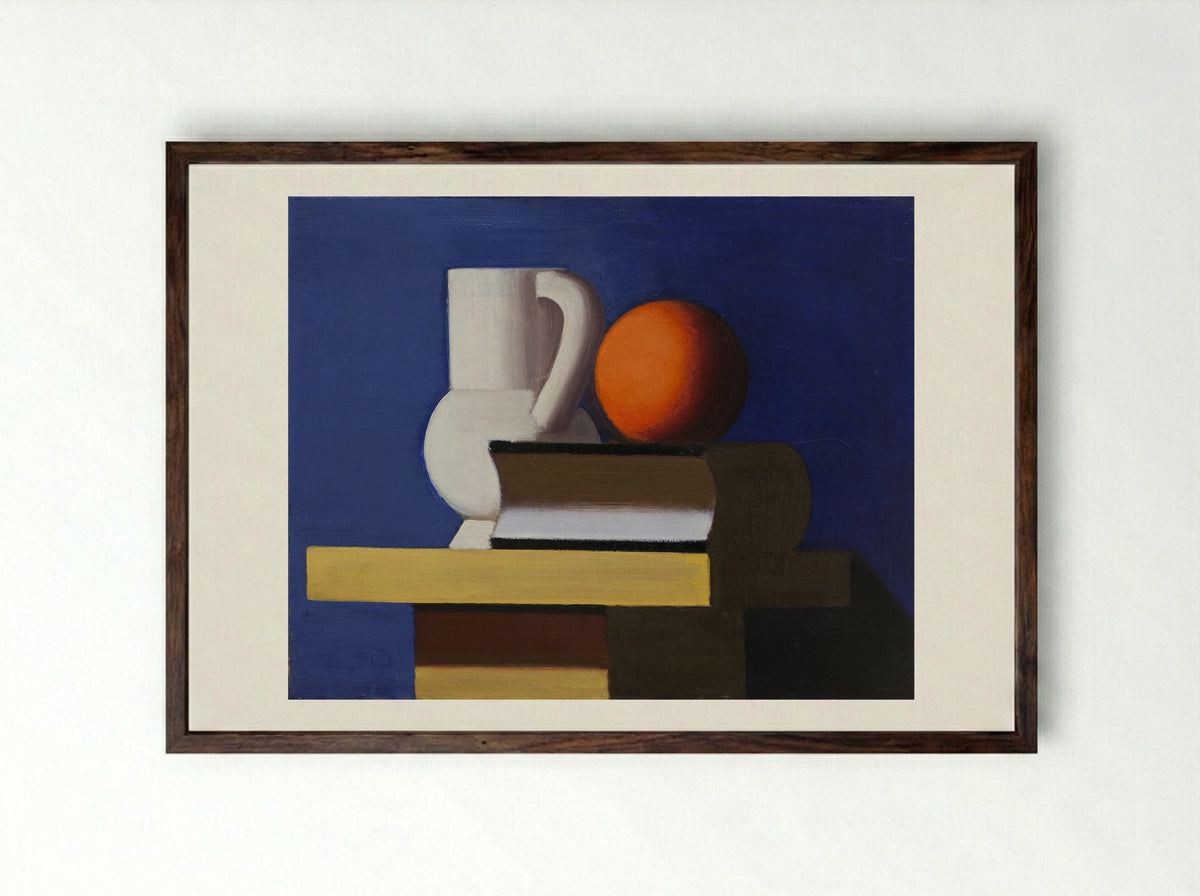 Still Life with White Jar, Orange and Book - Vilhelm Lundstrøm - Framed Print Dark Wood