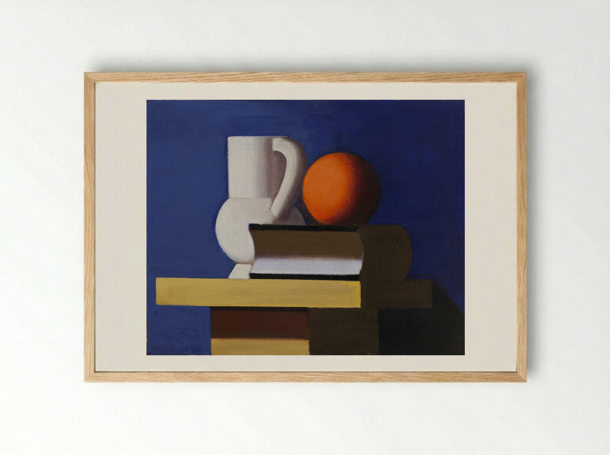 Still Life with White Jar, Orange and Book - Vilhelm Lundstrøm - Framed Print Wood