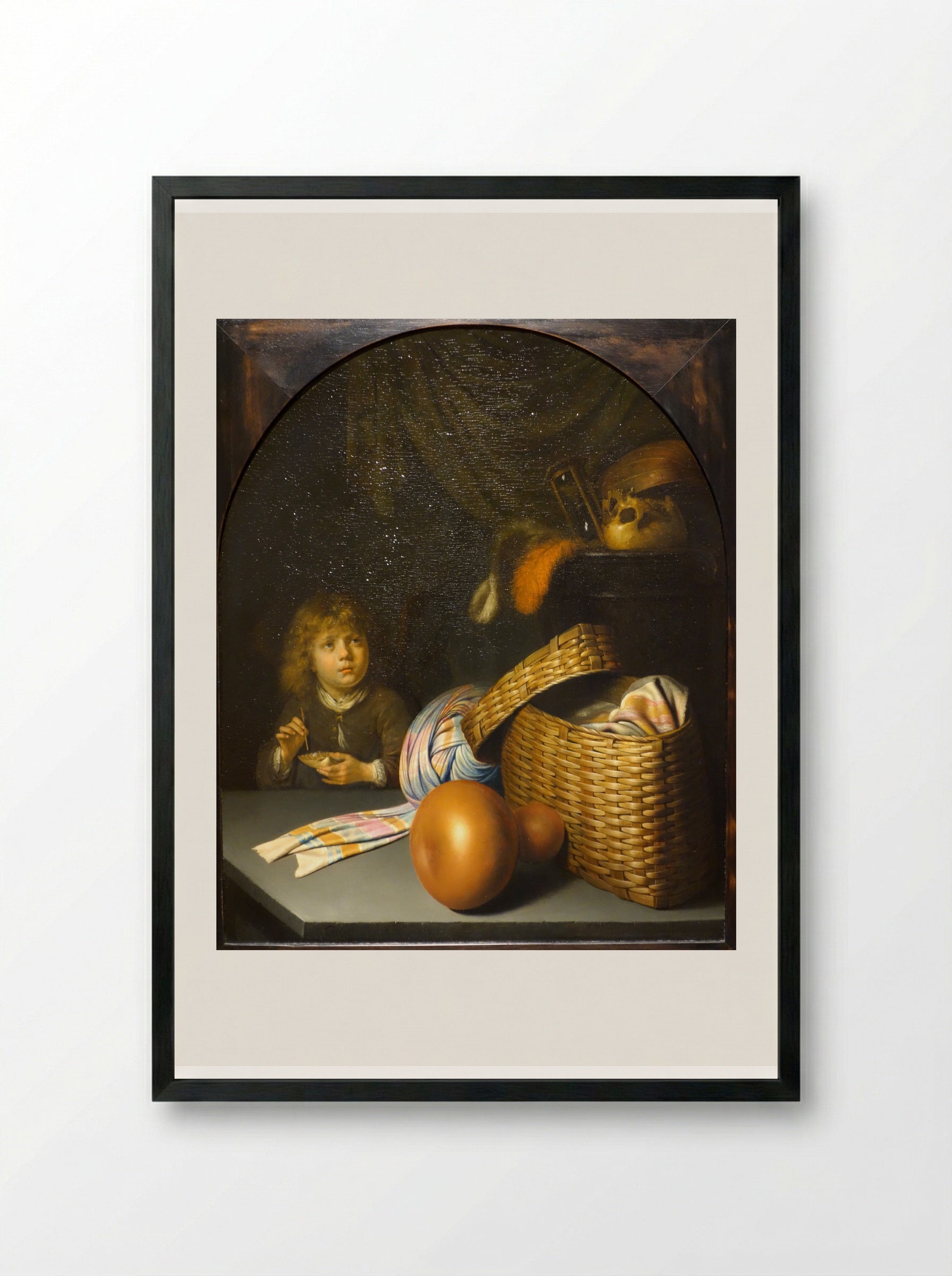 Still Life with a Boy Blowing Soap Bubbles - Gerrit Dou - Framed Print Black