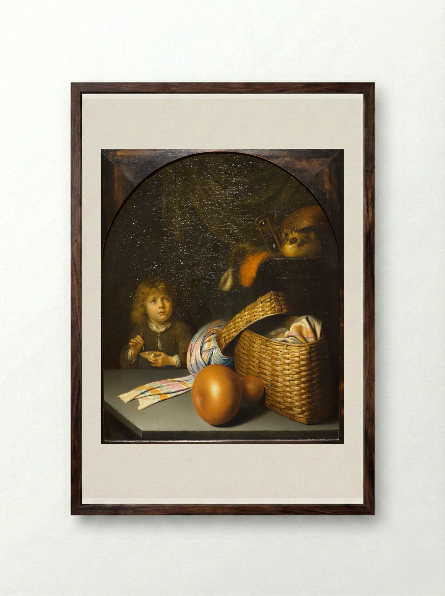 Still Life with a Boy Blowing Soap Bubbles - Gerrit Dou - Framed Print Dark Wood