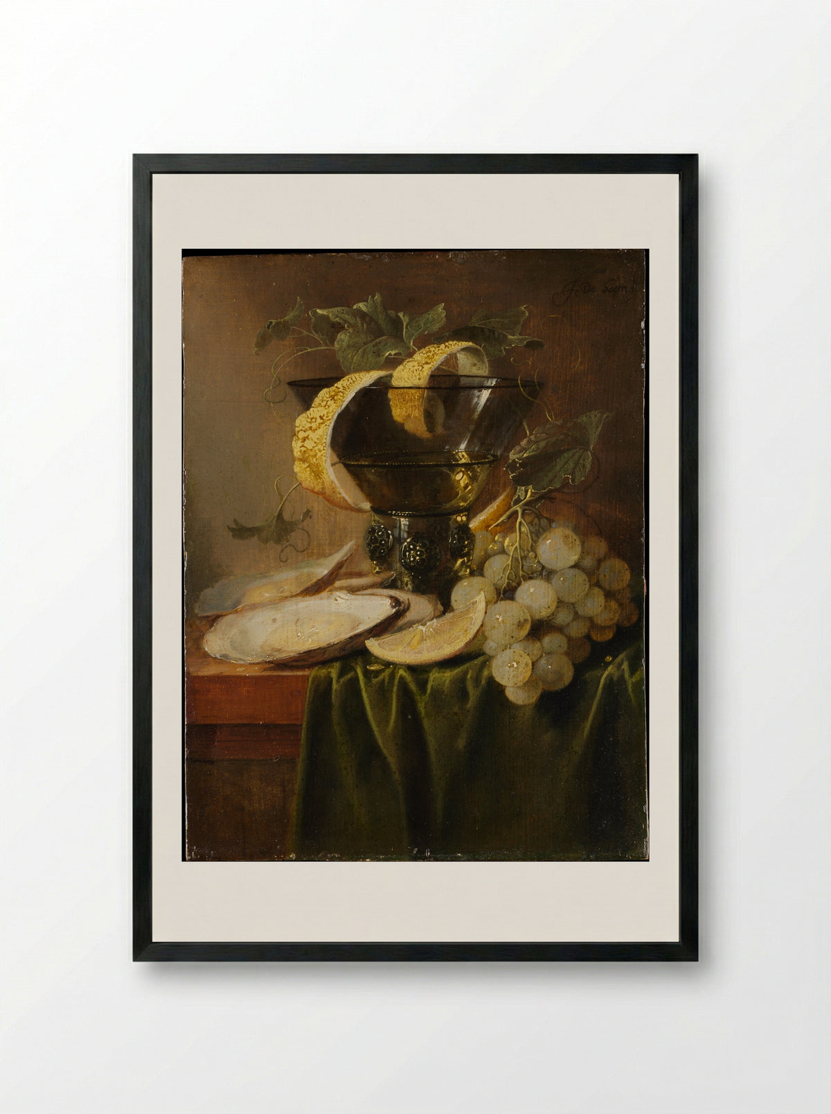 Still Life with a Glass and Oysters - Jan Davidsz de Heem - Framed Print Black