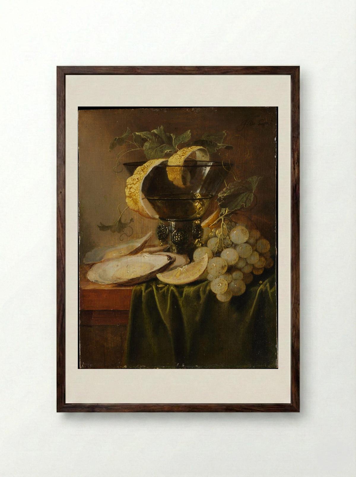 Still Life with a Glass and Oysters - Jan Davidsz de Heem - Framed Print Dark Wood